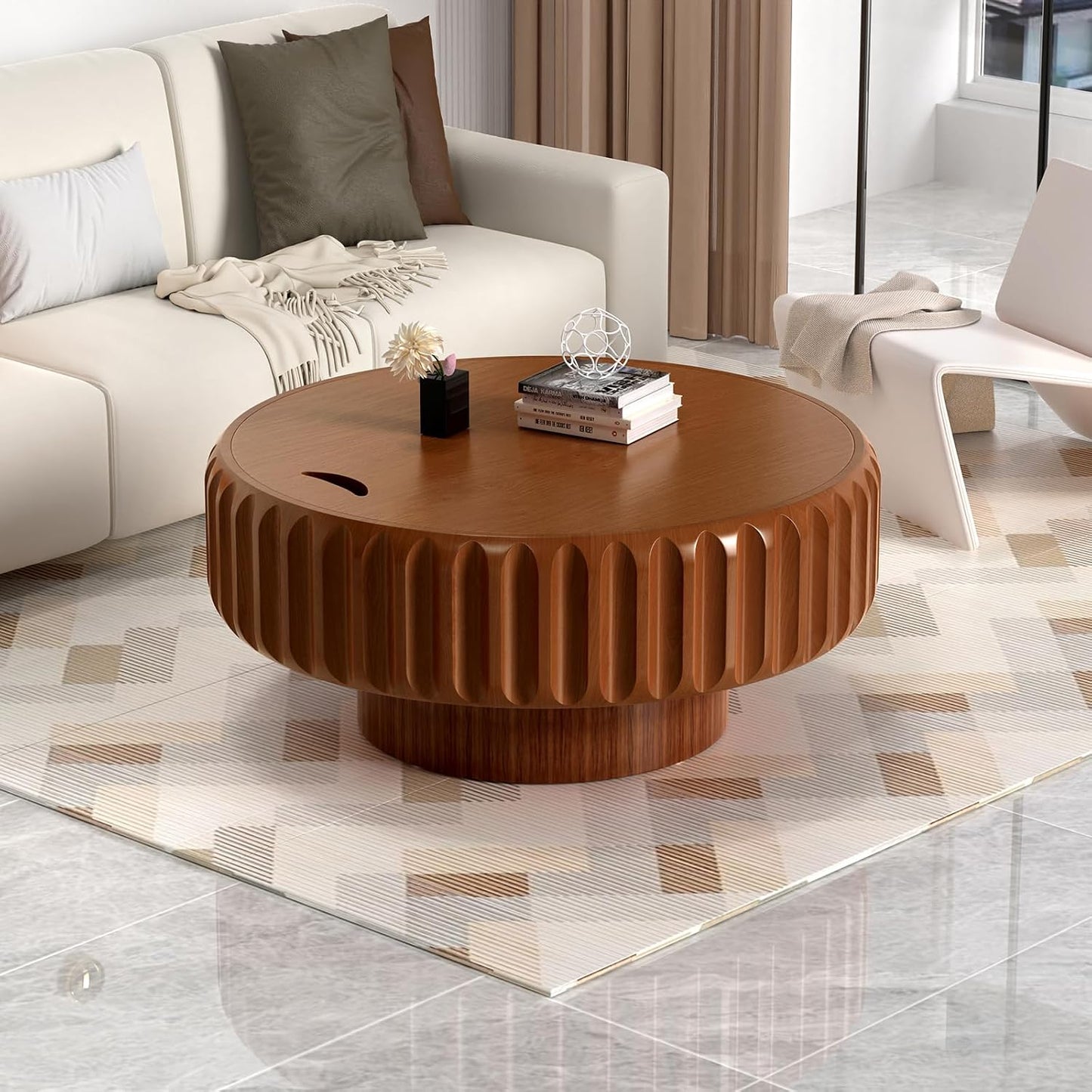 31.5 in Brown Round Drum Coffee Table with Storage | Modern Round Fluted Storage Center Table Handcrafted Solid Wood Fluted Edge, Cylindrical Base For Living Room, Apartment