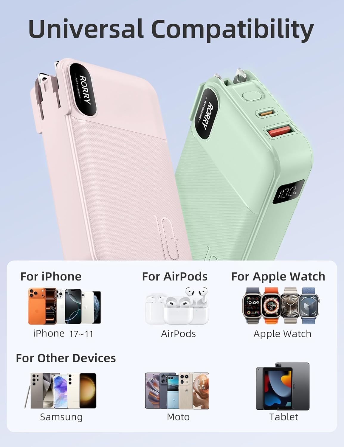 RORRY Portable Charger Built in Cables, AC Wall Plug in Portable Charger Power Bank 10000mAh Travel Battery Pack 22.5W Fast Charging for iPhone 17/16/15 Samsung Galaxy S25/S24/S23 Pixel LG iPad, Pink