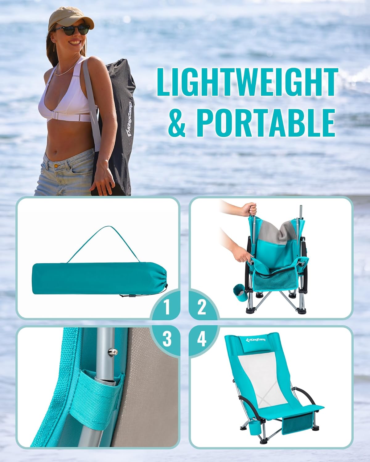 KingCamp Low Beach Chair, High Back Folding Camping Chair for Adults, Oversized Breathable Mesh Seat, 300lbs Heavy Duty Portable Chair with Cup Holder & Storage Pockets for Beach, Outdoor