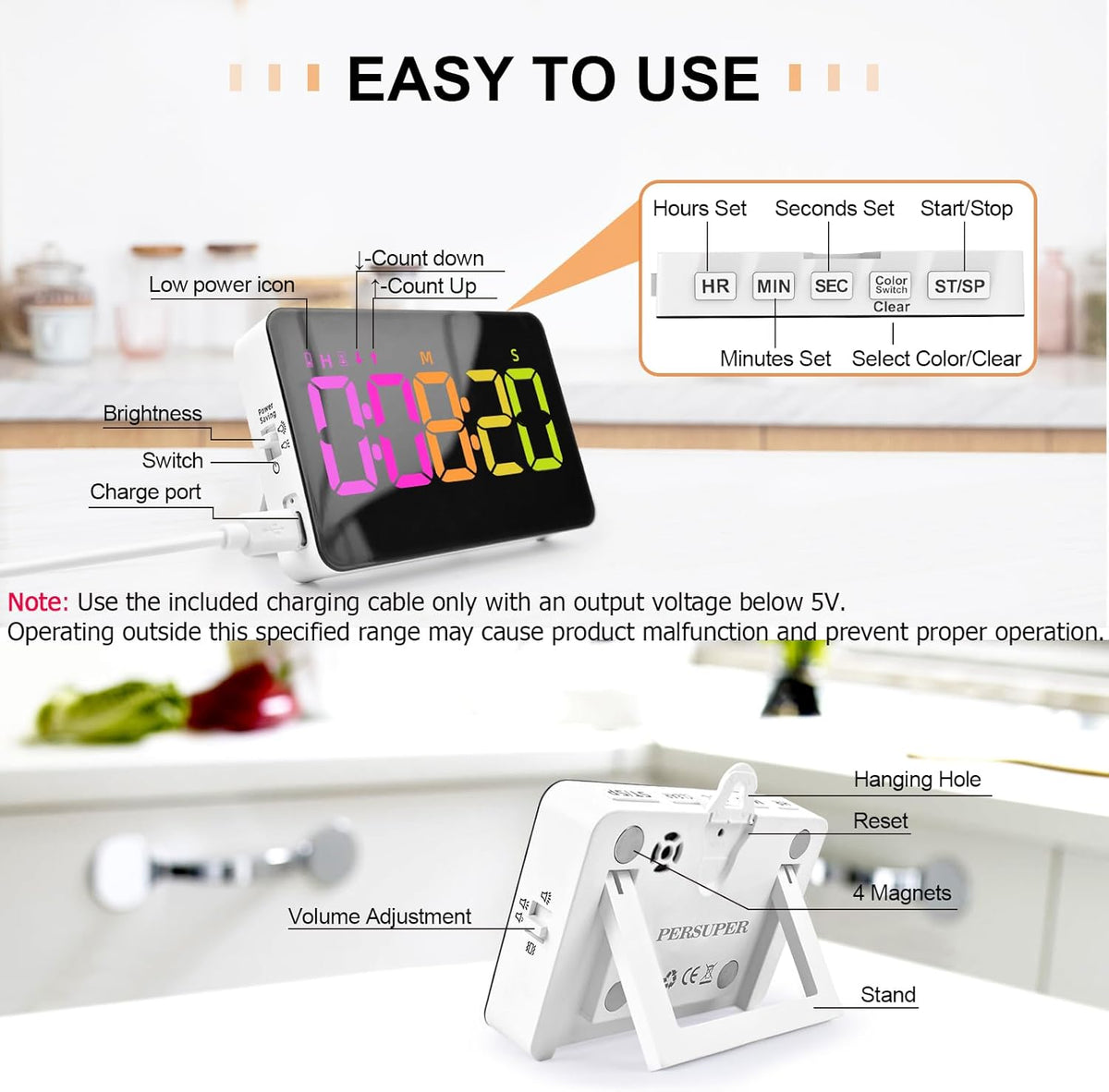 PERSUPER Kitchen Digital Timer, Count Down Up, Rechargeable, Vibration Mode