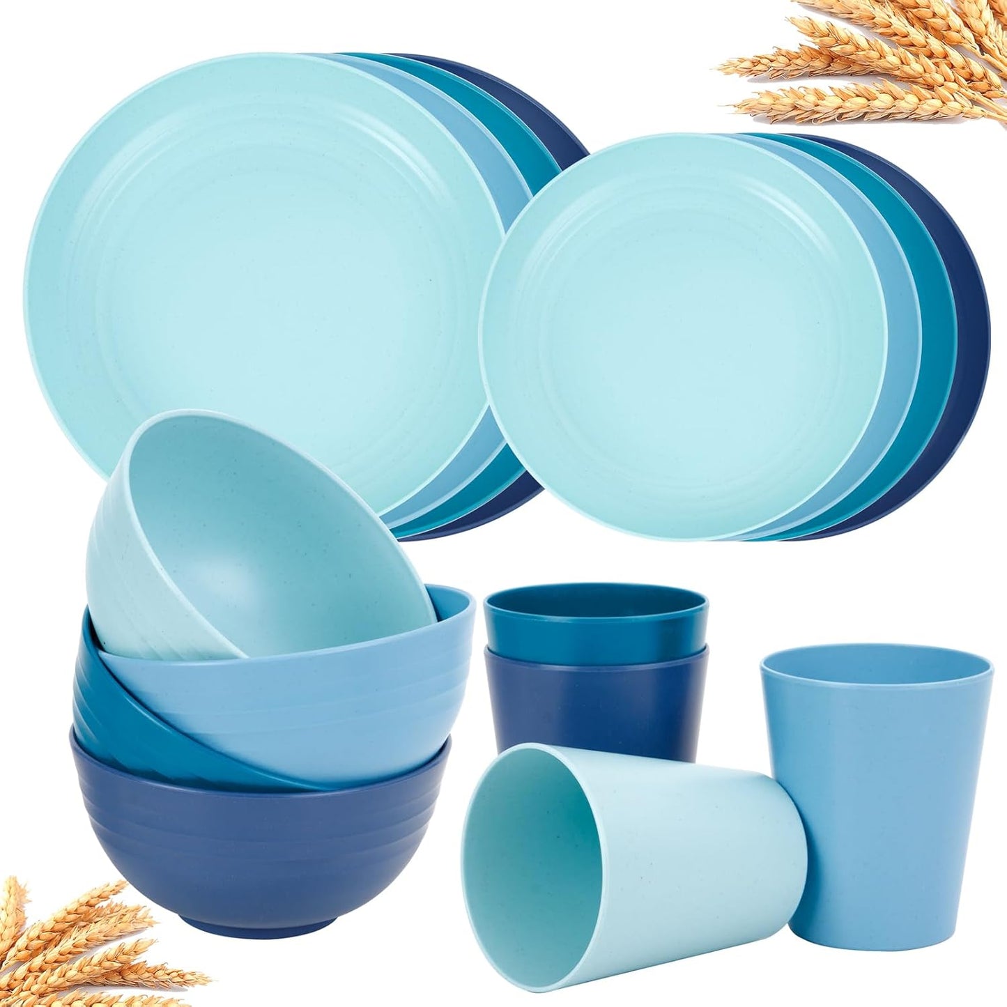 Rubtlamp 24Pcs Kitchen Plastic Wheat Straw Dinnerware Set,Dinnerware Sets for 6,Microwave Dishwasher Safe Plates, Unbreakable Reusable Plastic Wheat Straw Bowls & Plate for Camping
