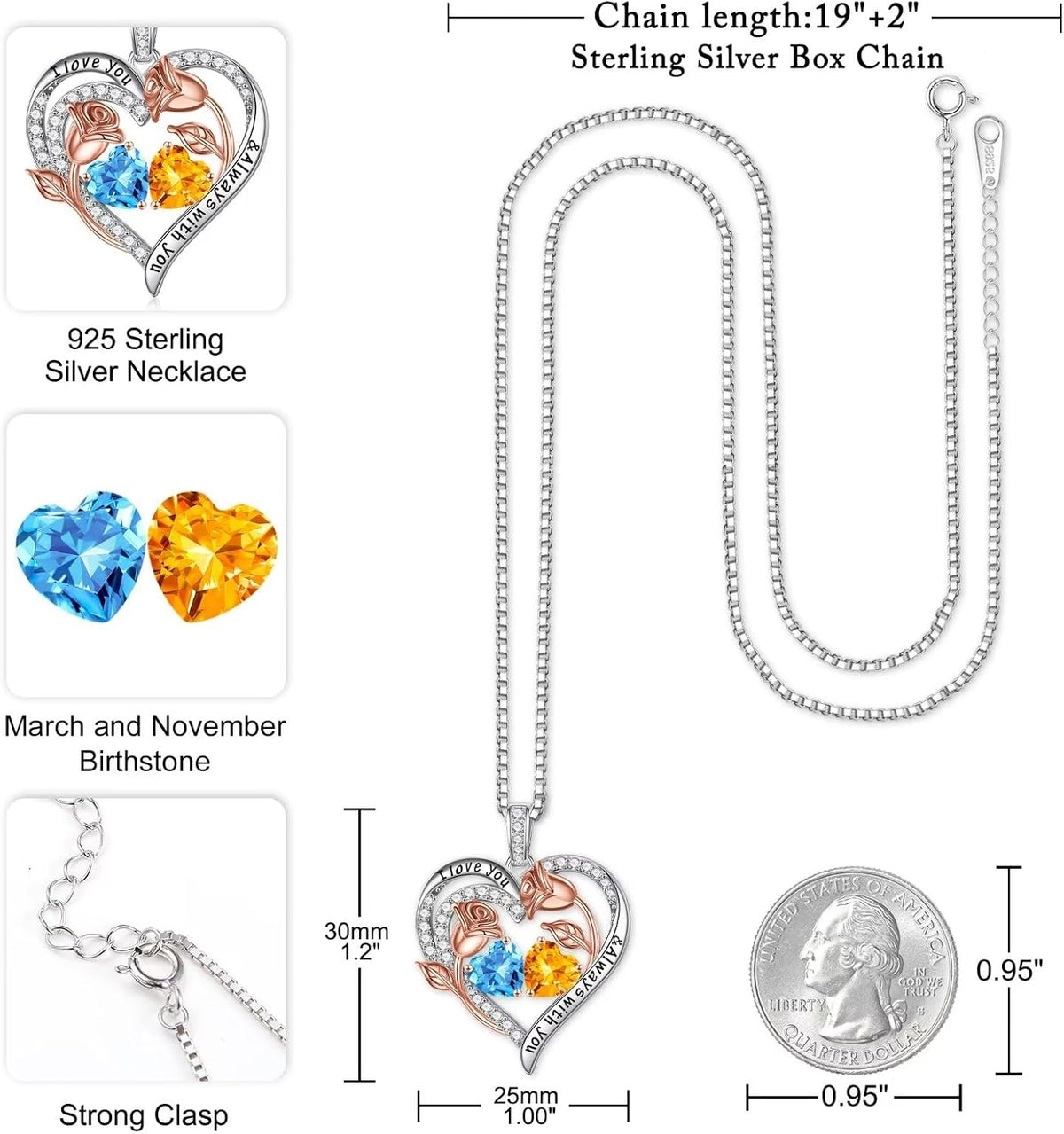 Iefil Birthstone Necklace for Women - Rose Heart Necklace