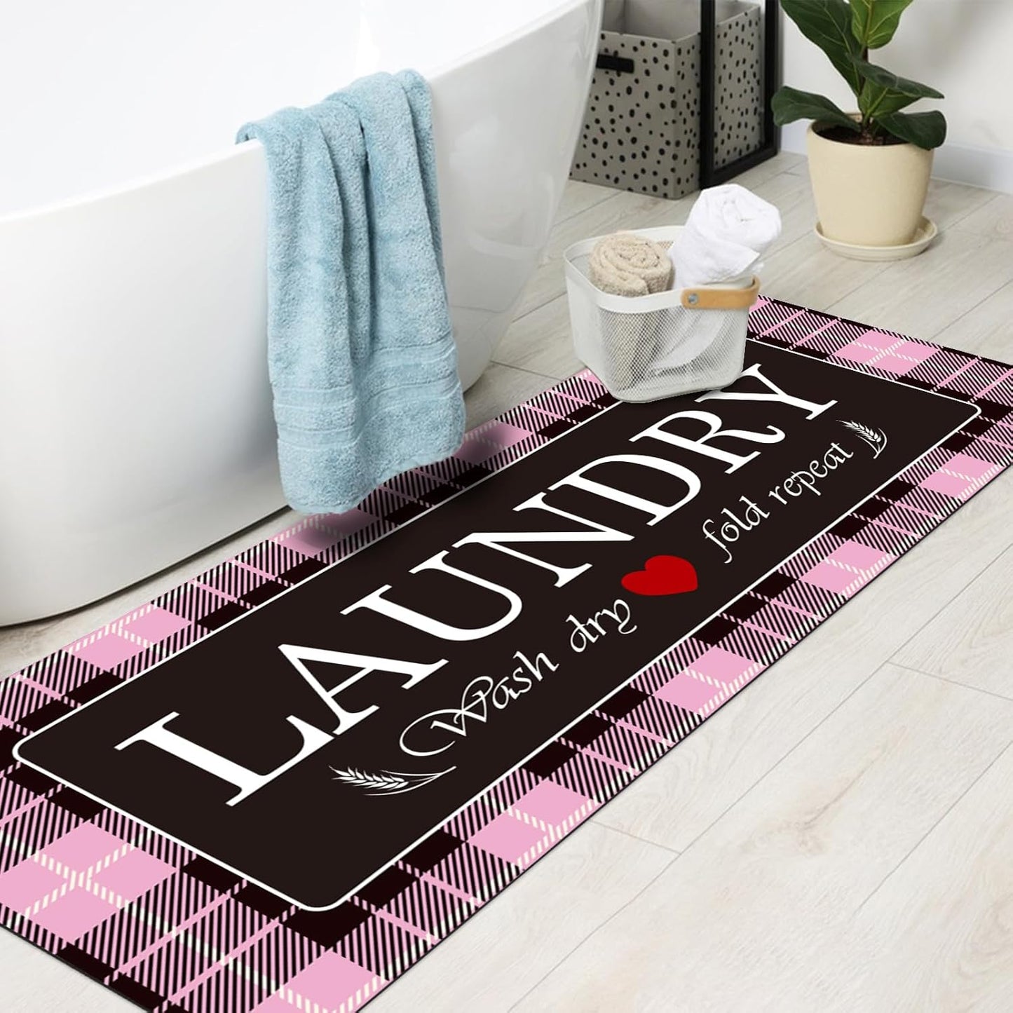 XLHOMO Laundry Room Rugs and Mats, 17"x47" Buffalo Plaid Pink Laundry Room Rug Runner Washable Non Slip, Farmhouse Laundry Mats for Floor, Mudroom, Kitchen, Washroom, Bathroom, Entryway Carpet Decor