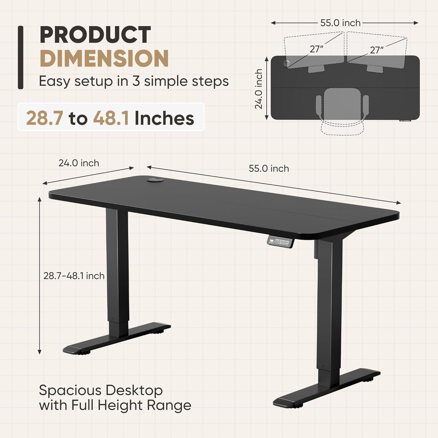 Furmax 55 x 24 Inches Electric Height Adjustable Standing Desk Large Sit Stand Up Desk Home Office Computer Desk Memory Preset with T-Shaped Metal Bracket, Black
