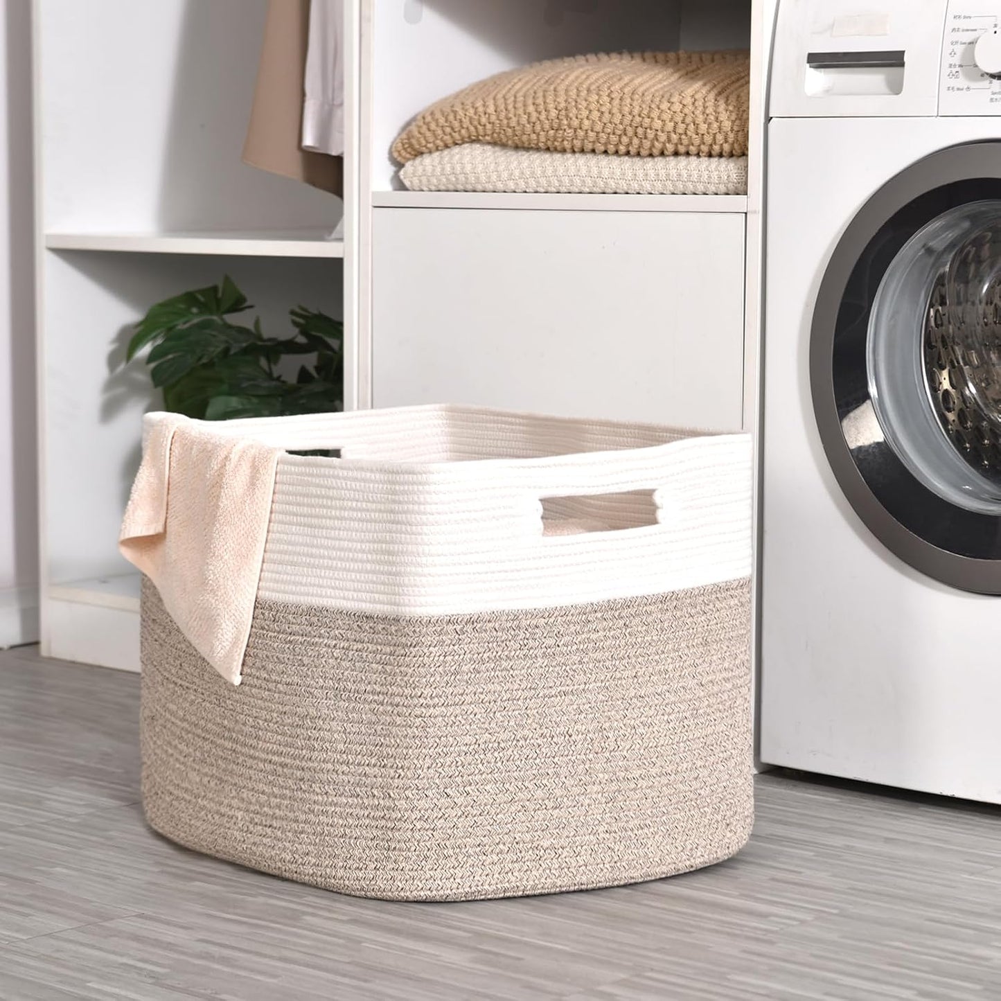 ICERZCZ Extra Large Blanket Basket for Living Room, Rectangle Woven Cotton Rope Storage for Blankets, Toys, Clothes, Shoes, 25”x16”x16”, Off White & Brown, 108L