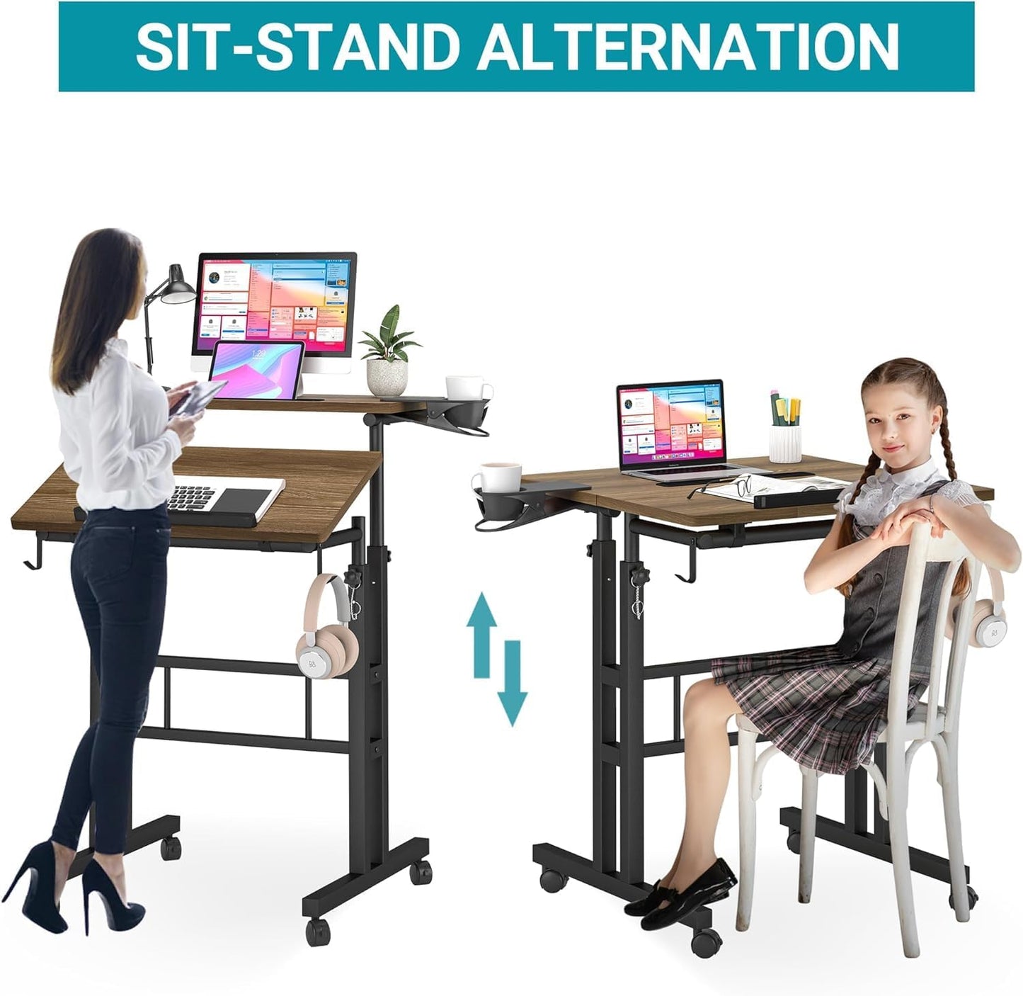 Klvied Stand Up Desk on Wheels, Portable Computer Desk for Home Office,Rolling Desk for Laptop with Removable Cup Holder, Adjustable Laptop Cart for Standing or Sitting,Raffia