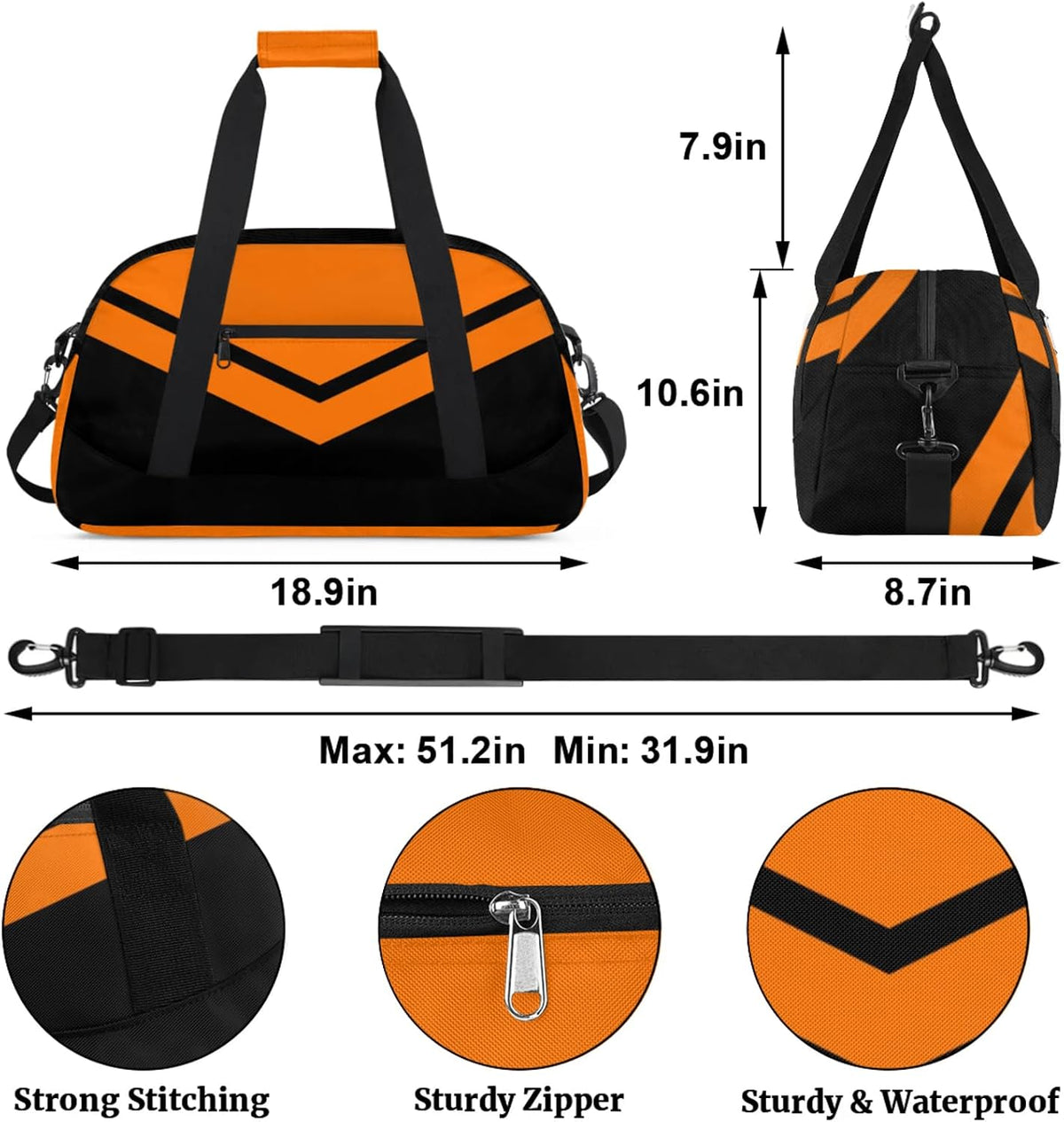 Sports Duffle Bags Orange Travel Duffle Bag Waterproof Gym Weekender Overnight Carry On Bag for Dance, Yoga