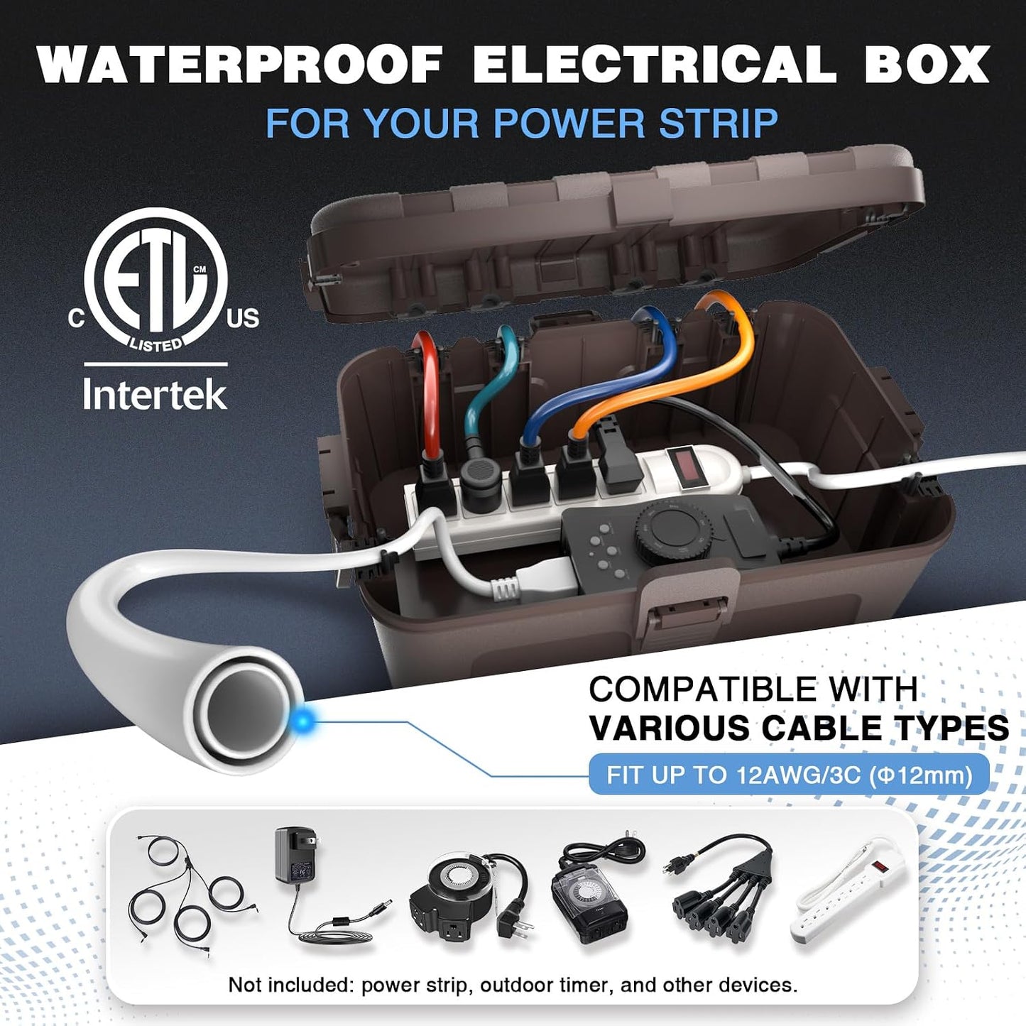 Flemoon Large Outdoor Electrical Box, Waterproof Extension Cord Cover | Inner Size 12 x 7.4 x 3.9 Inch, 6 Cable Entry Ports, IP54 Weatherproof Connection Box for Outlet, Timer, Holiday Light, Brown