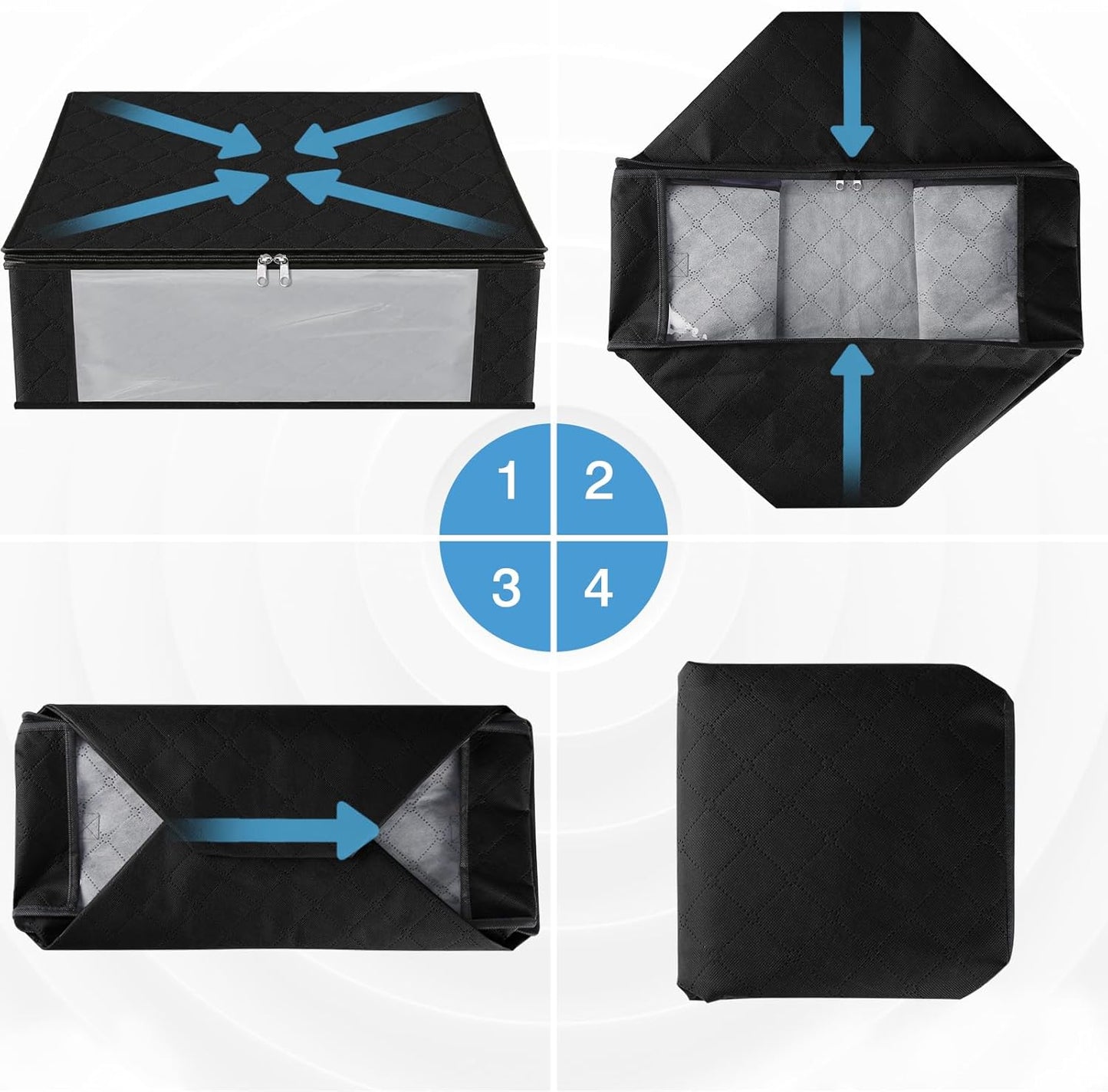 HomeHacks Storage 3-Pack Clothes Organizer Storage Bags Foldable Storage Box with Large Clear Window Sturdy Handles for Closet, Dorm, Pillows, Bedding, Clothes, Blankets, 35L, Black