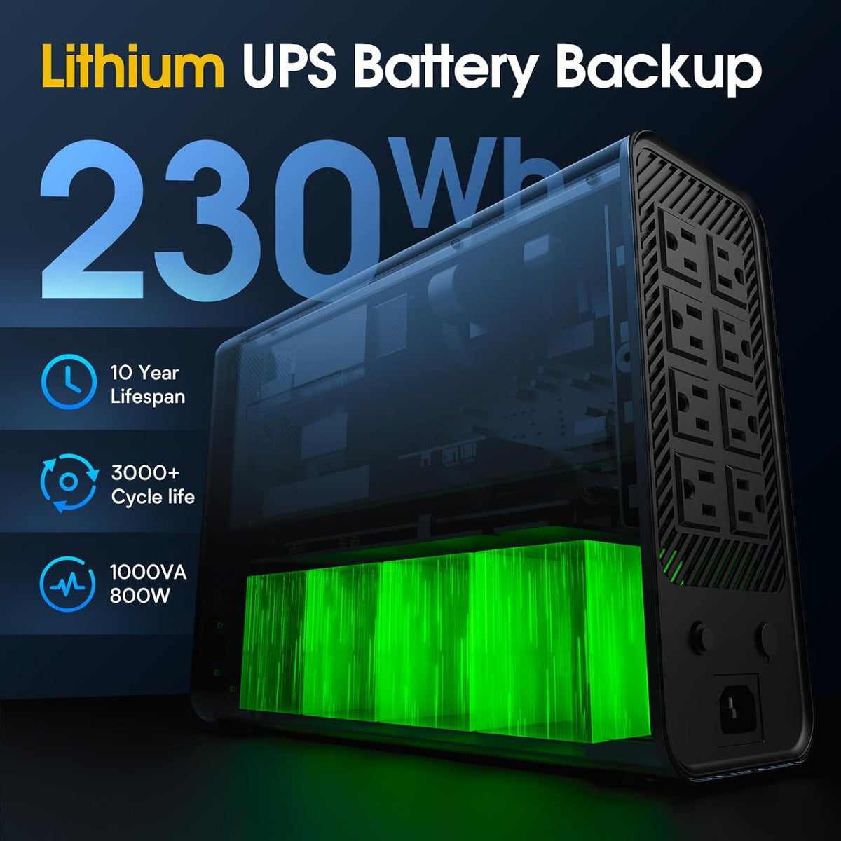 GOLDENMATE 1000VA/800W Lithium UPS Battery Backup & Surge Protector, White