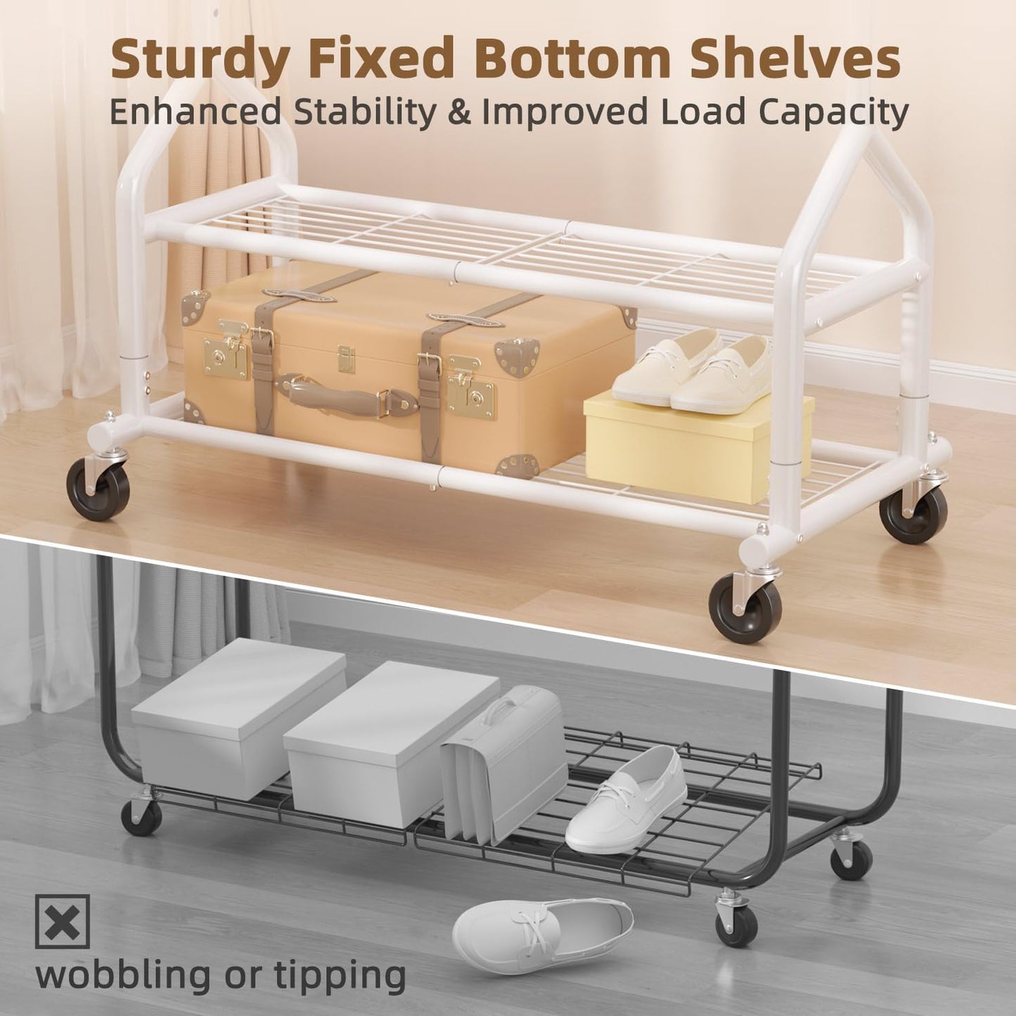 EAGMAK Heavy Duty Clothes Rack Load 556 LBS, Rolling Clothing Rack With Shelves, Height Adjustable Metal Clothes Hanger with Wheels Portable Wardrobe Organizer Garment Rod for Hanging Clothes (White)