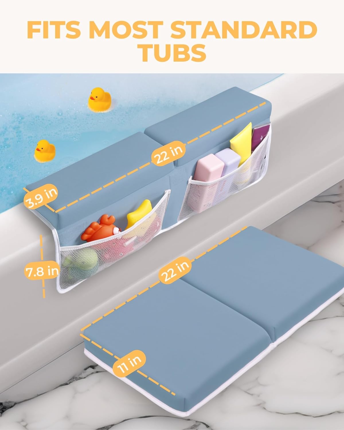 Comfortable Baby Bath Kneeler and Elbow Rest Pad Set – Thick Memory Foam Bath Kneeling Pad with Elbow Support – Baby Bathtub Cushion with Toy Organizer for Bathing Infant or Toddler - Blue