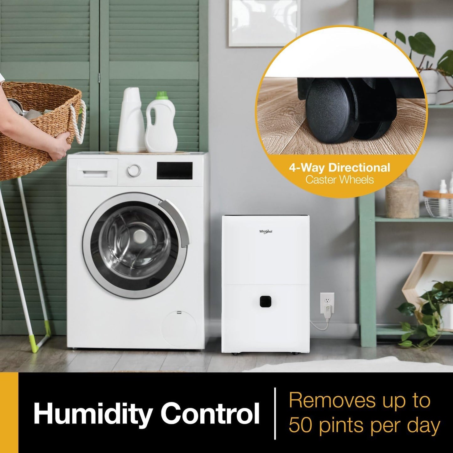 Whirlpool 50 Pint Energy Star Certified Dehumidifier in White, Compact Quiet Efficient Humidity & Moisture Absorber for Home, Bathroom, Bedroom, Living Room, Garage, Attic, Crawl Space, Whole Home