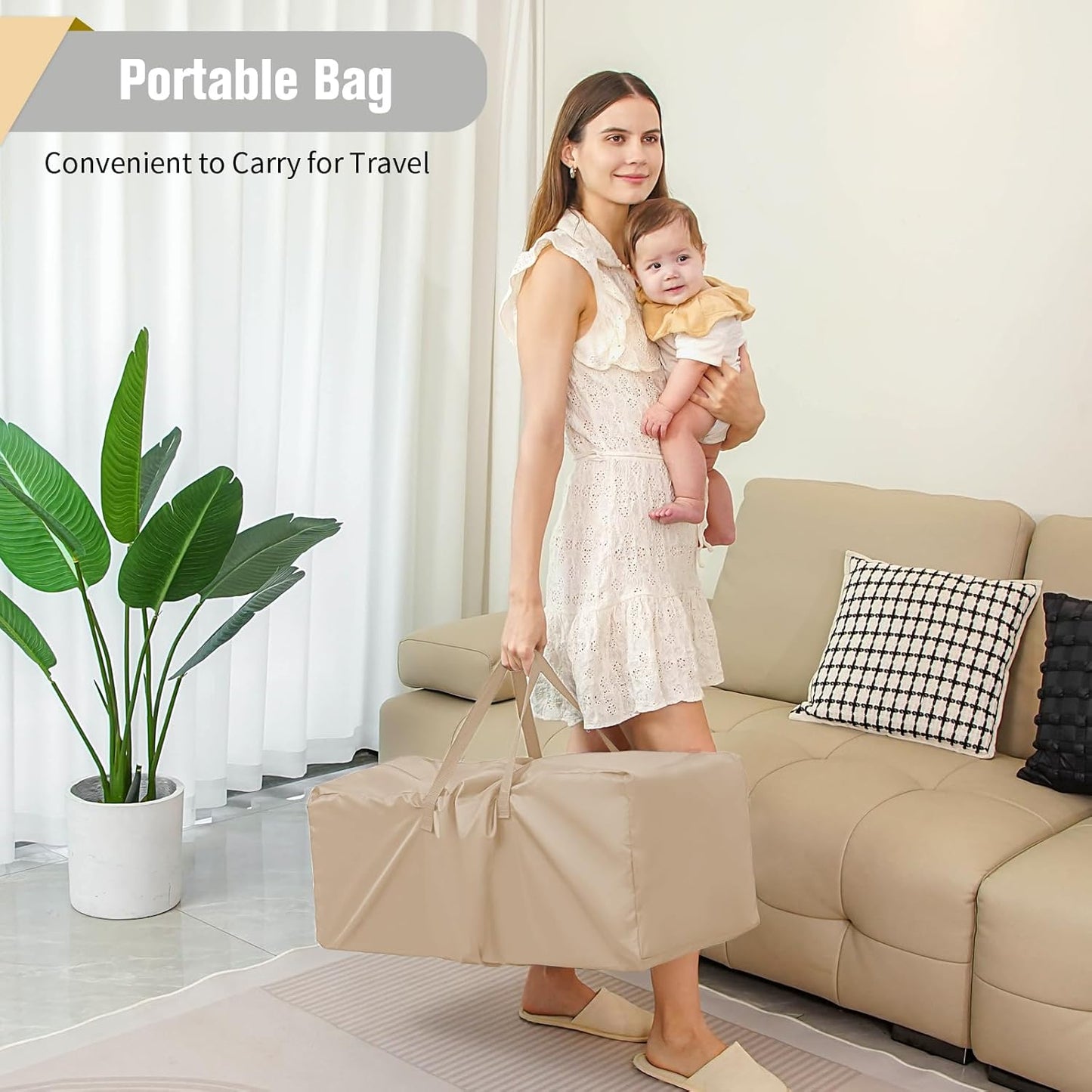 Baby Bassinet 5 in 1 Pack and Play,Baby Crib Adjustable Beside Sleeper One-Second &One-Hand Setup,Portable Playard Foldable Playpen for Newborn,Babies and Toddlers with Changing Table,Mattress (Beige)