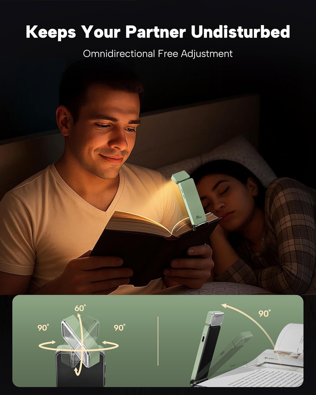 86lux Book Light, Rechargeable Clip-On LED Reading Light for Bed & Night Use - 3 Color Temperatures with Stepless Dimming, Ultralight Bookmark Design for Kids, Book Lovers, Mint Green