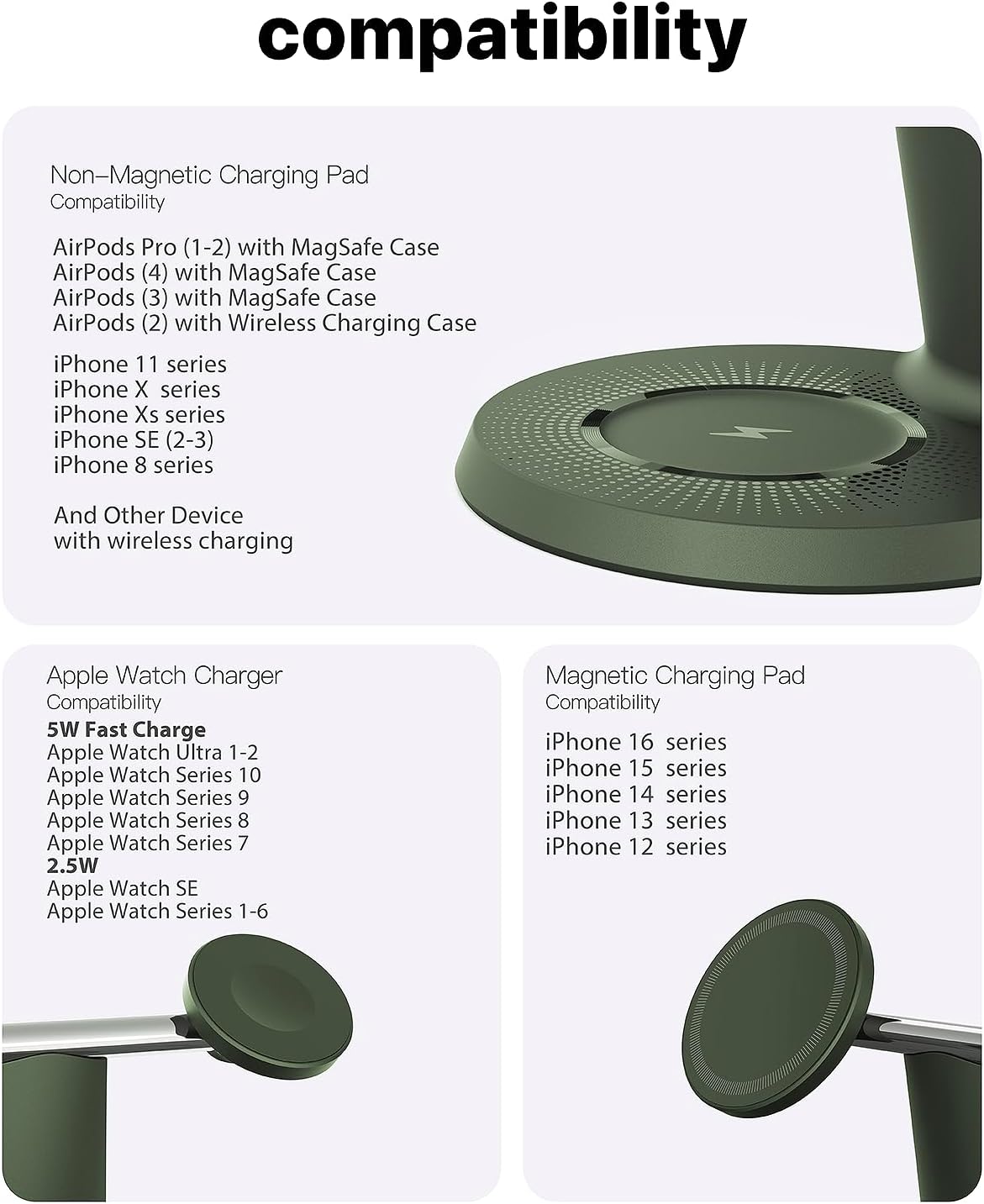 ZECHIN 3 in 1 Wireless Charging Station for Apple Devices with MagSafe | Charging for iPhone 17/Air/16/15/14/13, AirPods, Apple Watch, Weighted Stable Charging Stand, USB-C Adapter Included
