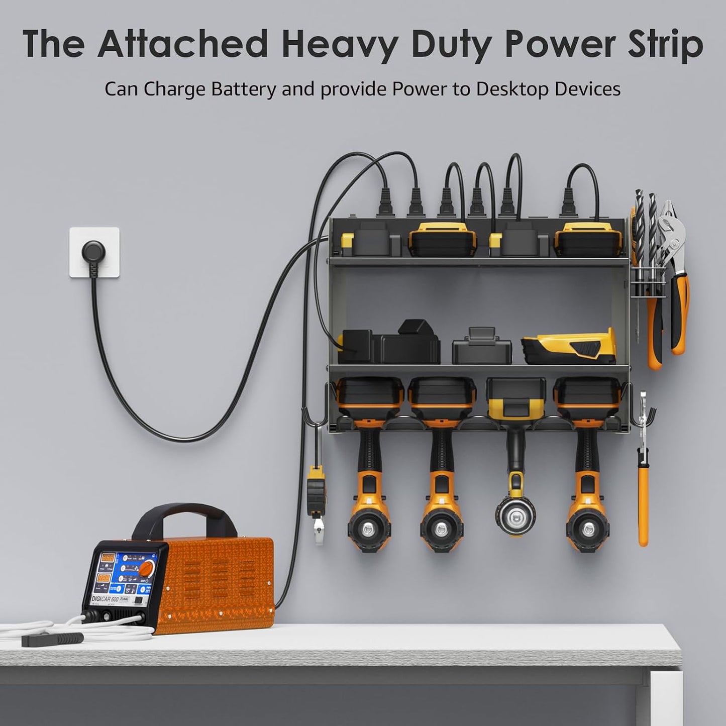 CCCEI Wall Mount Modular Tool Charging Organizer, Grey, 1 Pack, 3 Tier. | Drill Battery Storage Rack with Hooks, Garage Workshop, Gifts for Men, Dad, Husband Anniversary, Birthday, Christmas
