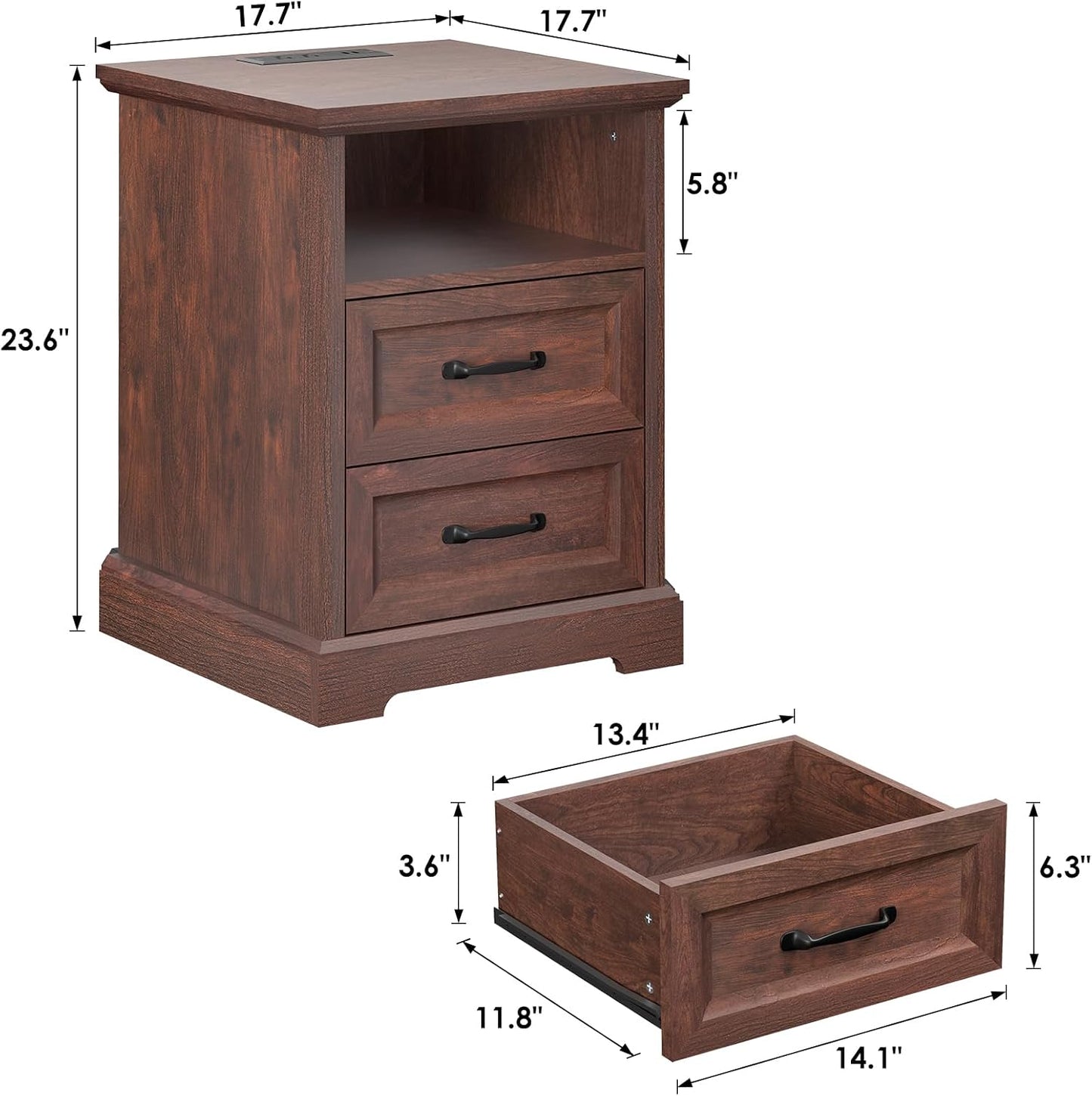 HOMMPA Farmhouse Nightstand w/Charging Station, Open Shelf 23.6''H Cherry