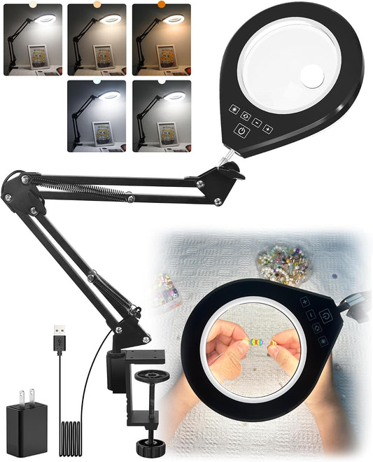Magnifying Glass with Light, 10X/5X Lens, Dimmable LED, Swing Arm,White