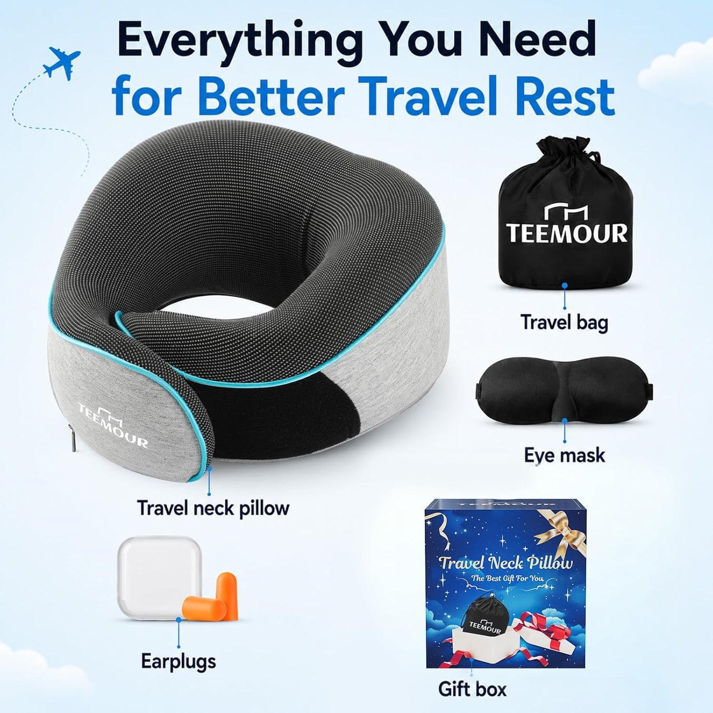 Travel Pillow-Neck Pillows for Airplanes, Memory Foam Travel Neck Pillow for Long Flights|Airport Travel Essentials 360° Support Gifts for Travellers With Eye Mask & Earplugs, Portable Carry Bag