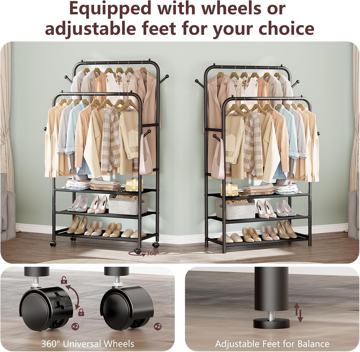 Furologee Clothes Racks for Hanging Clothes, Double Rods Clothing Rack with 3-Tier Storage Shelves, Rolling Garment Wardrobe with Wheels, Portable Free Standing Closet for Bedroom, Laundry Room, Black
