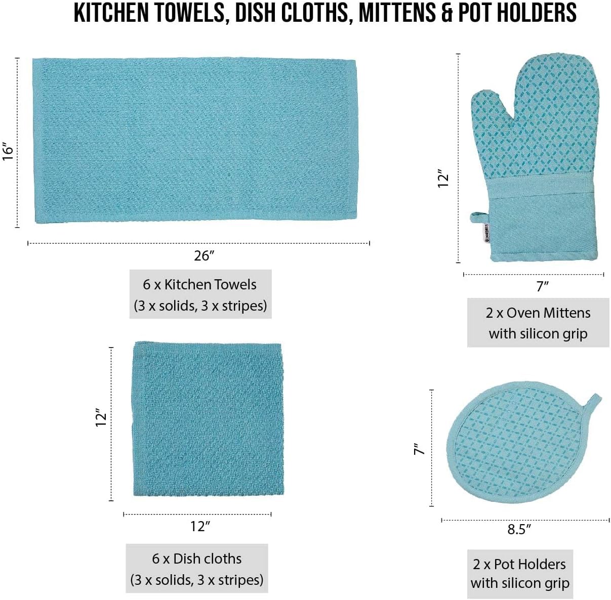 Lane Linen 16Pc Kitchen Towel Set - Heat Resistant Oven Mitts & Pot Holders, Reusable Dish Cloths, Absorbent Hand Towels - Aqua