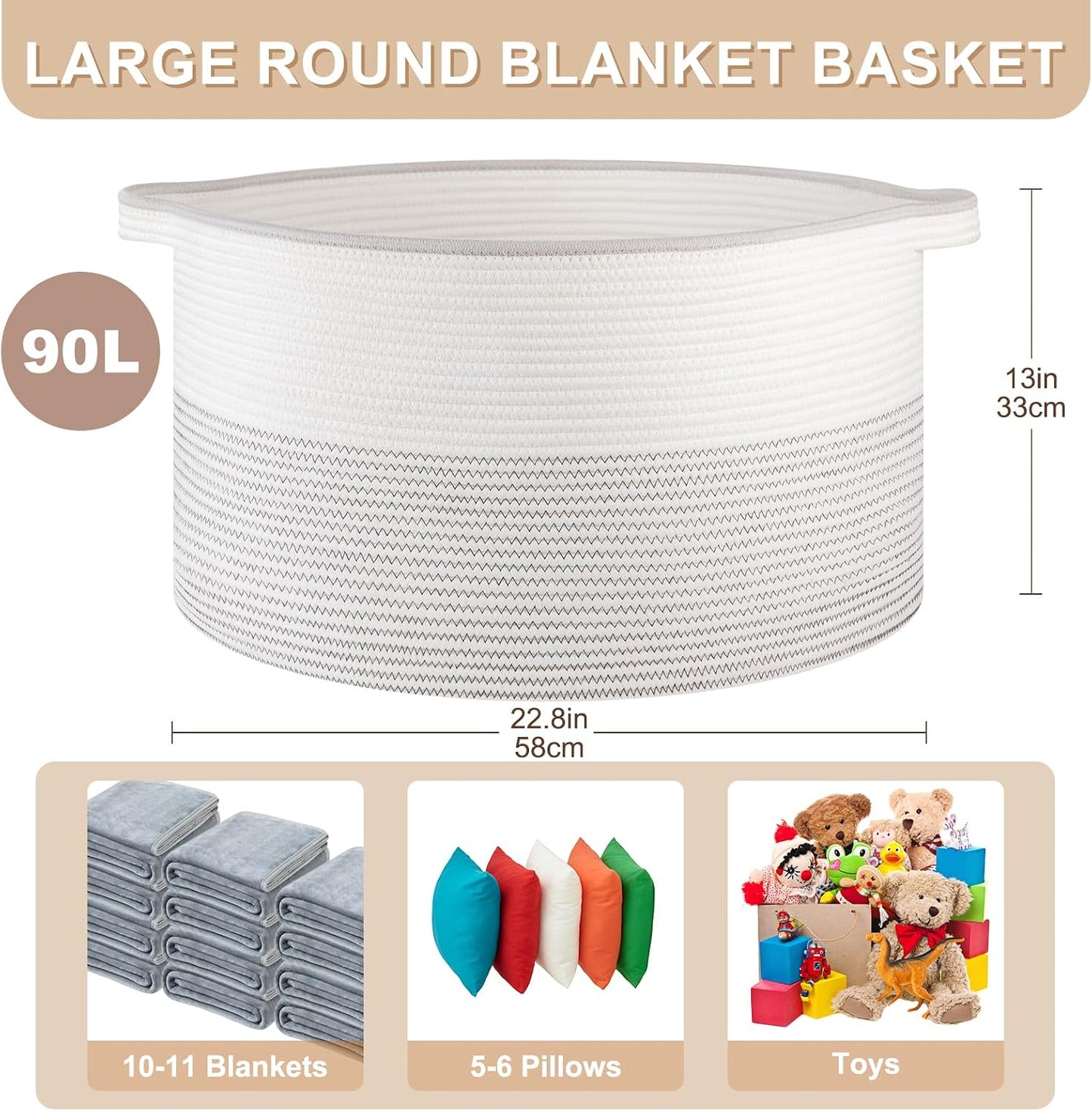 OIASKET Large Blanket Basket with Handles, 22.8" x 22.8" x 13" Woven Storage Basket for Living Room, Cotton Rope Baby Toy Storage for Clothes, Pillows, Towels-Black and White