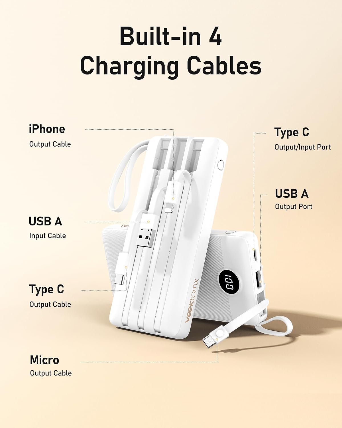VEEKTOMX 10000mAh Portable Charger with 4 Built-in Cables