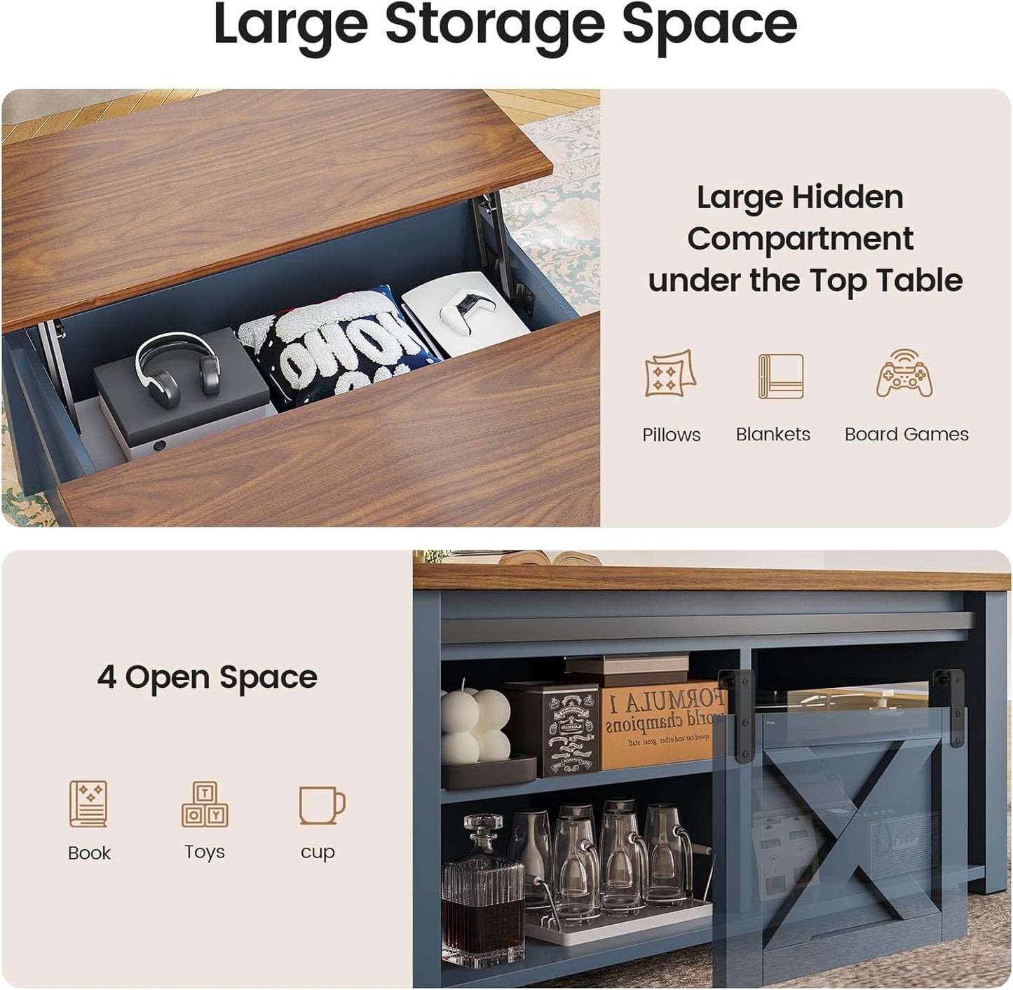 SEDETA 31.5" Lift Top Coffee Table with Storage, Square Coffee Tables for Living Room, Farmhouse Coffee Table with Large Hidden Storage Compartment and Adjustable Shelves, Blue