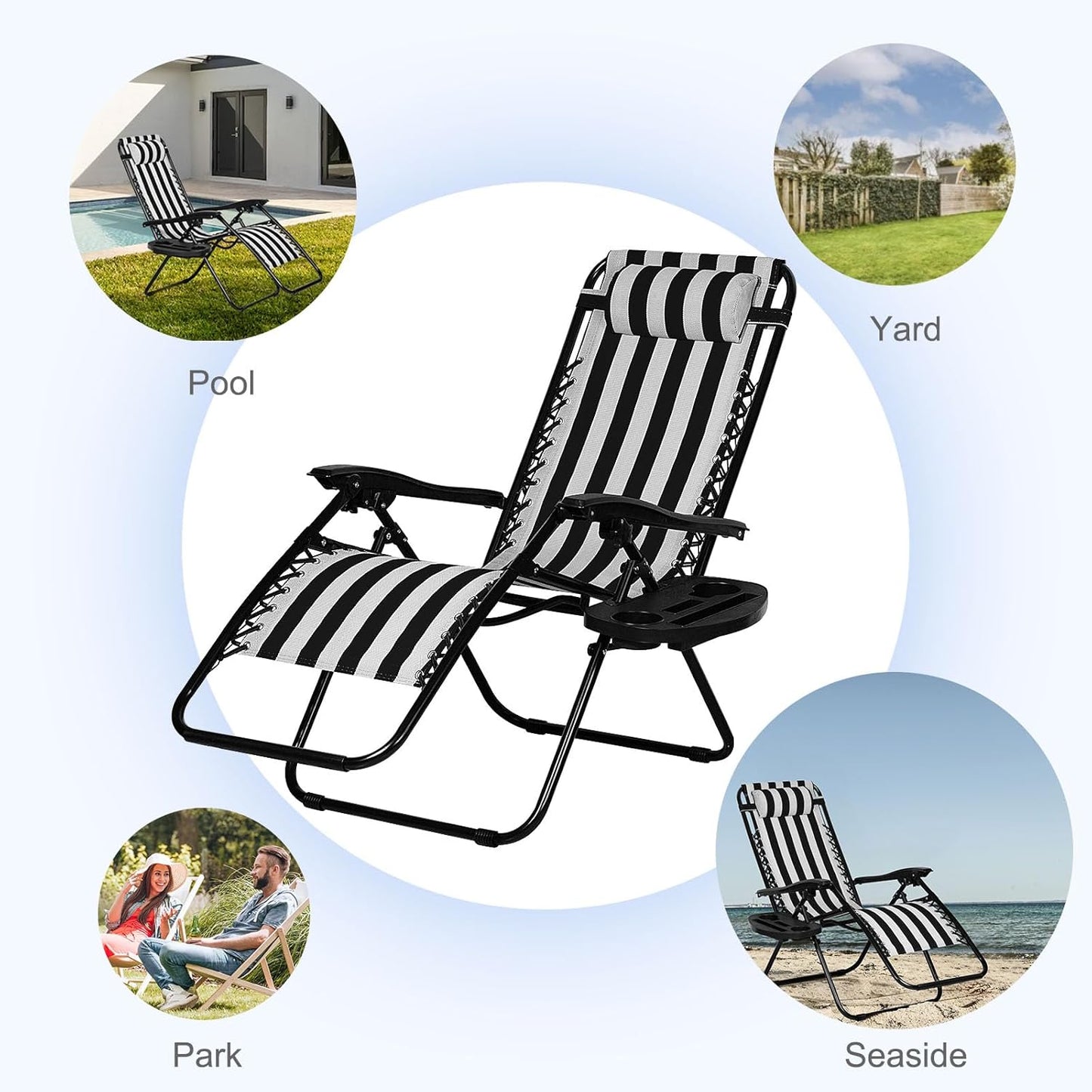 Nazhura Set of 2 Relaxing Recliners Patio Chairs Adjustable Steel Mesh Zero Gravity Lounge Chair Beach Chairs with Pillow and Cup Holder Khaki (Black/White Stripe)