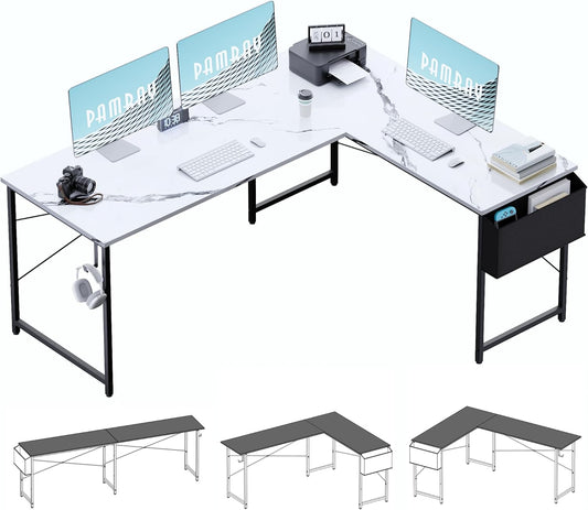 Pamray 64.5 Inch Reversible L Shaped Gaming Desk Large Corner Computer Desk with Storage Bag Home Office Table for Writing Study Marble