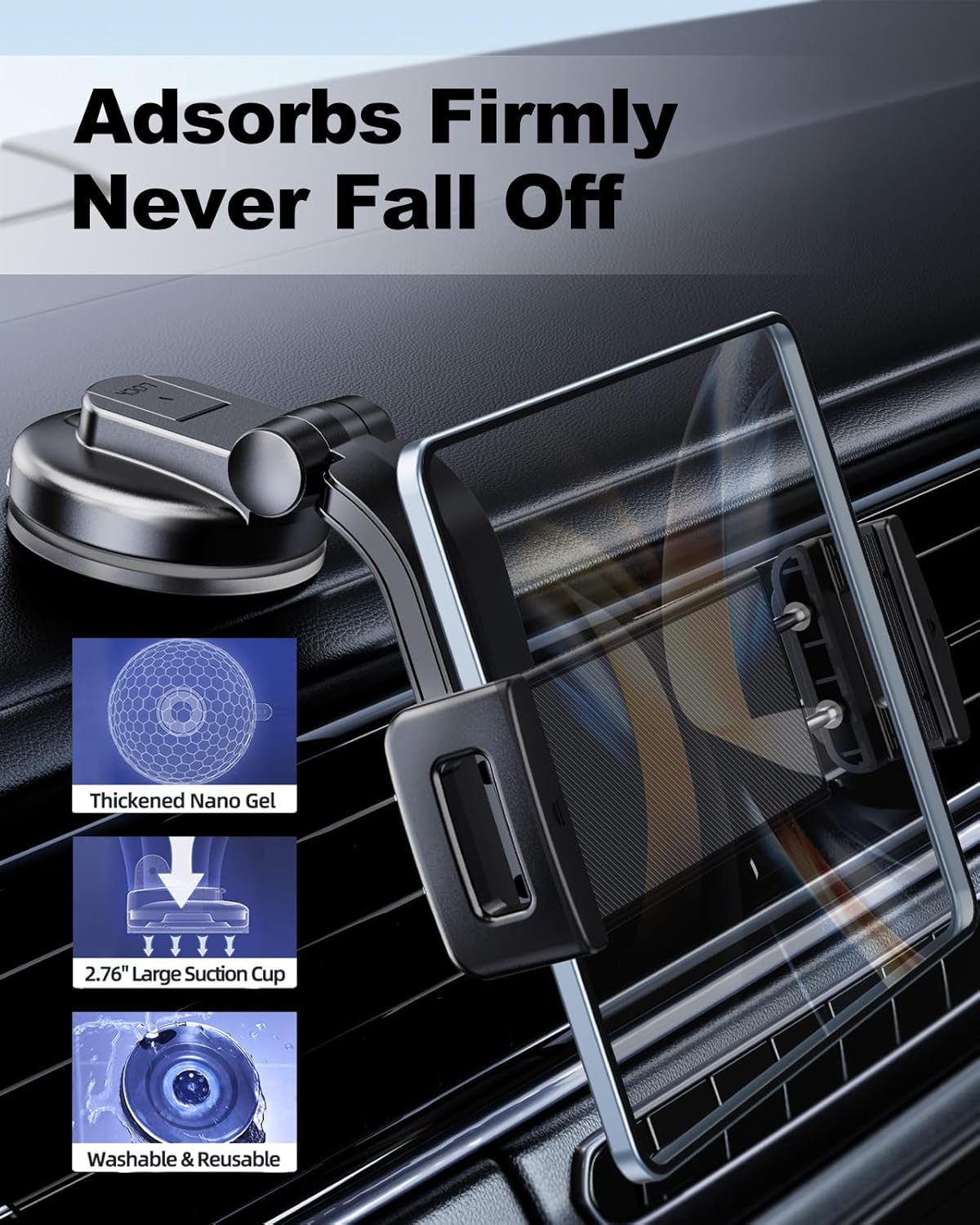 Car Phone Mount for Samsung Galaxy Z Fold 7 6 5 4 3 2 Accessories, Folding/Tablet Suction Holder for Dashboard 360° Rotatable Fit for iPad Mini 6 iPad Pro Air Pixel Fold and More 4-12.9" Device