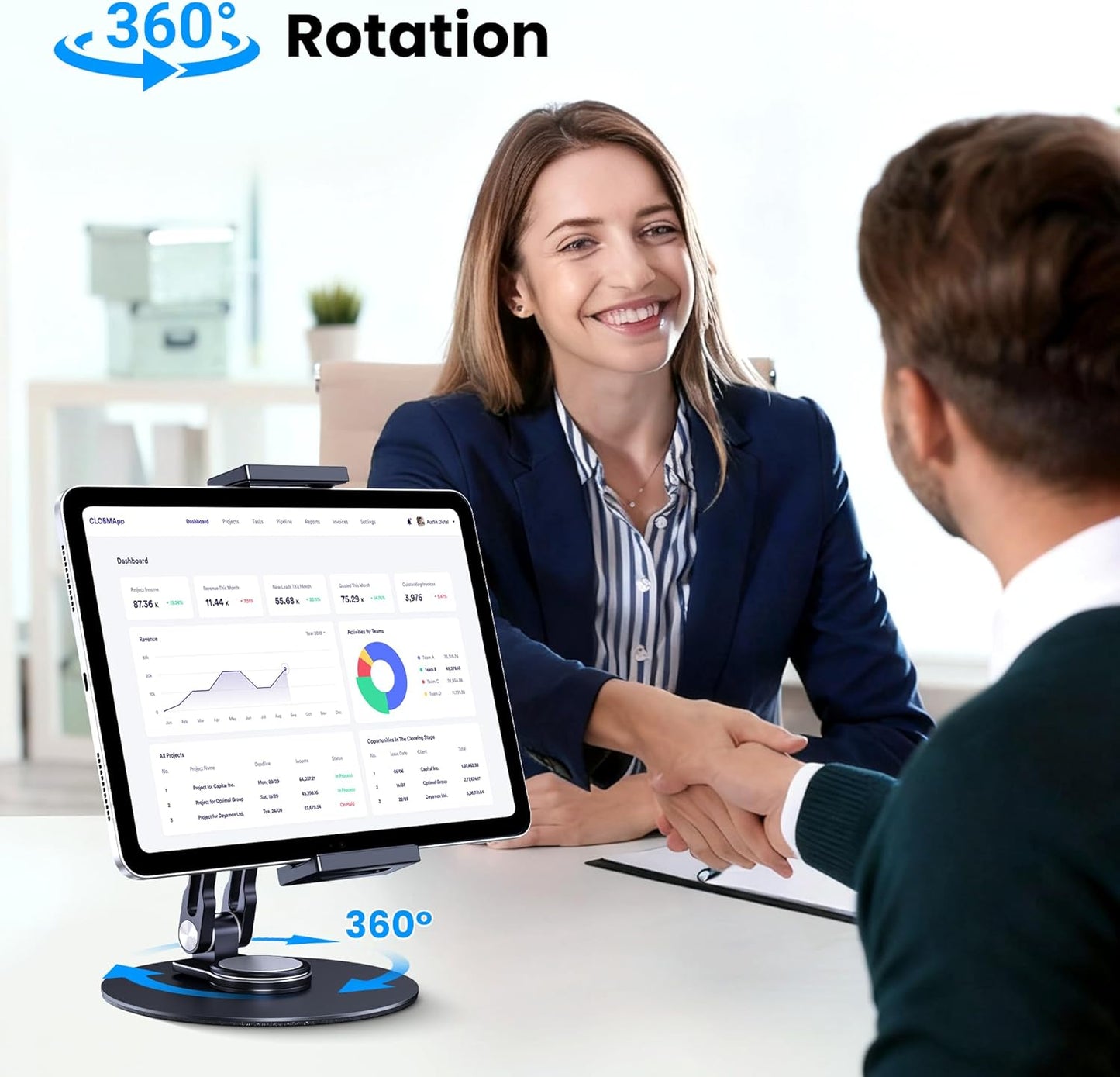 Tablet Stand Holder for iPad, Adjustable with 360 Rotating Base for Desk, Aluminum Swivel Tablet Stand Compatible with iPad Air, Mini, 10.2,9.7, Pro 11/13 and More