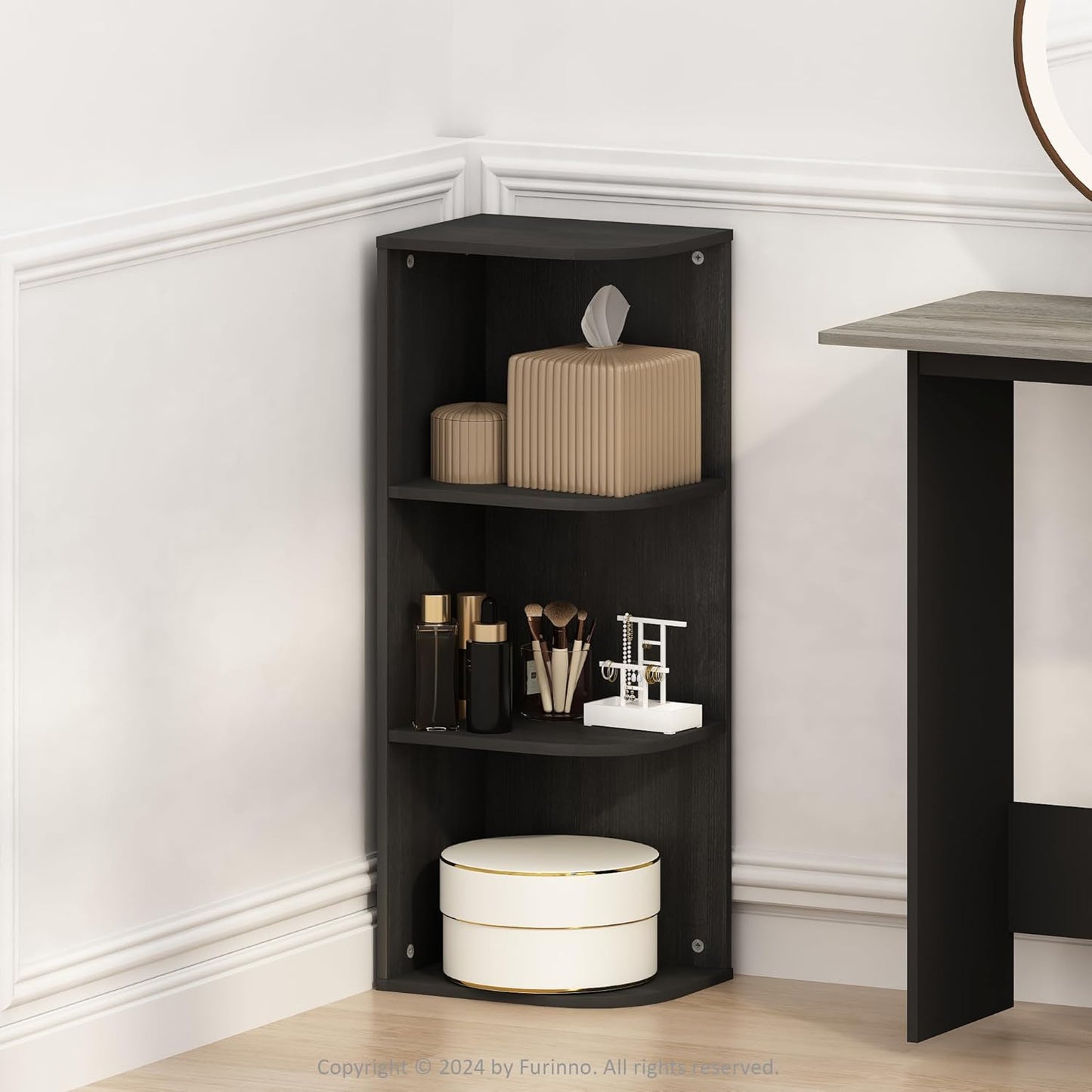 Furinno Reed Corner Shelf, 3-Tier Corner Bookshelf, Book Shelf, Corner Shelves, Storage Rack, for Organization and Storage, Home Office, Living Room, Blackwood