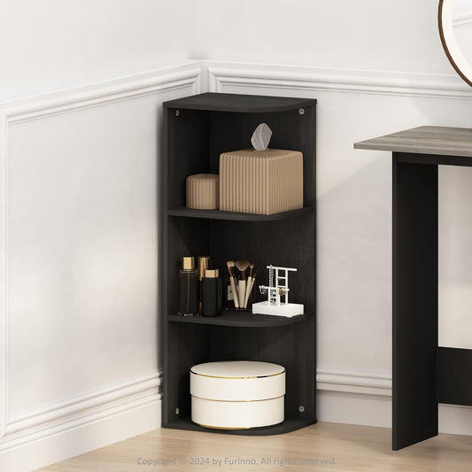 Furinno Reed Corner Shelf, 3-Tier Corner Bookshelf, Book Shelf, Corner Shelves, Storage Rack, for Organization and Storage, Home Office, Living Room, Blackwood