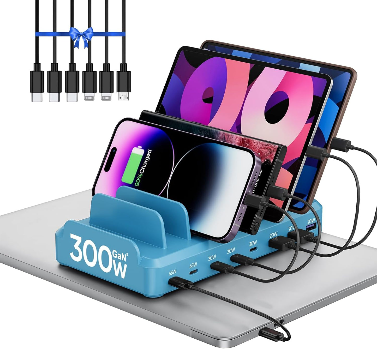 300W Charging Station for Multiple Devices, 8 Port Multi USB C Fast Charger Station Dock for MacBook iPhone 17/16/15/14/13/12 Samsung Pixel Series iPad, Black (6 Mixed Short Cables Included)