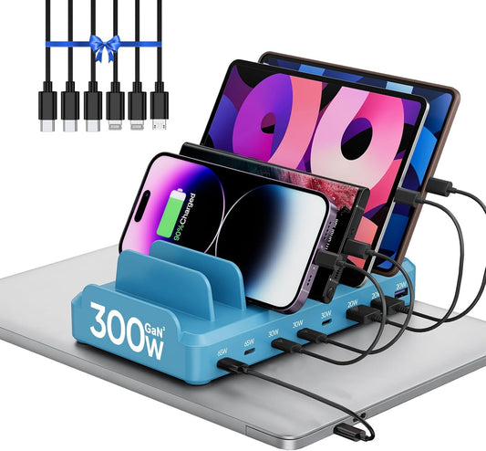 300W Charging Station for Multiple Devices, 8 Port Multi USB C Fast Charger Station Dock for MacBook iPhone 16/15/14/13/12 Samsung Pixel Series iPad, Blue (6 Mixed Short Cables Included)