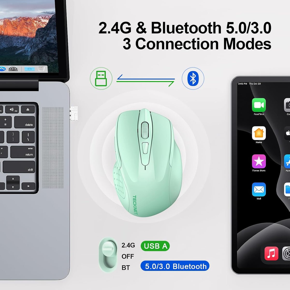TECKNET Wireless Mouse, BT 5.0/2.4G, Rechargeable 6-DPI Silent, Green