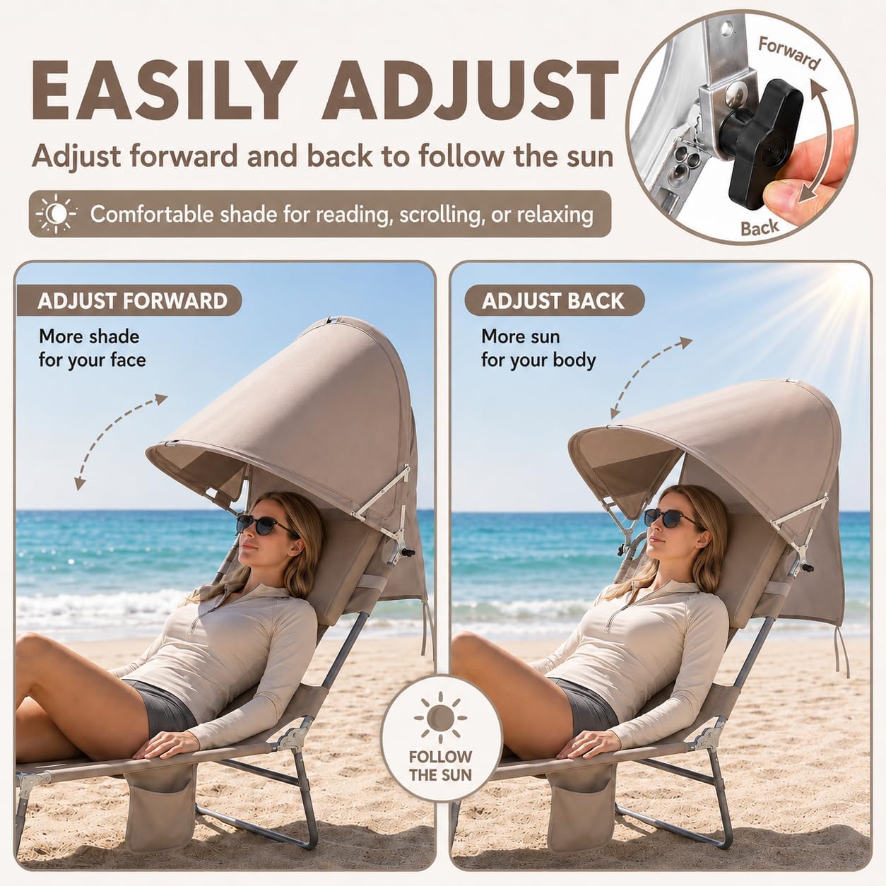 Backpack Beach Tanning Lounge Chair with Canopy Shade Face Hole Padded Adjustable Washable, 6 Position Layout Chair for Outside Sunbathing Poolside Lawn, UPF 50+ Wind-Resistant Sun Shade, Patented