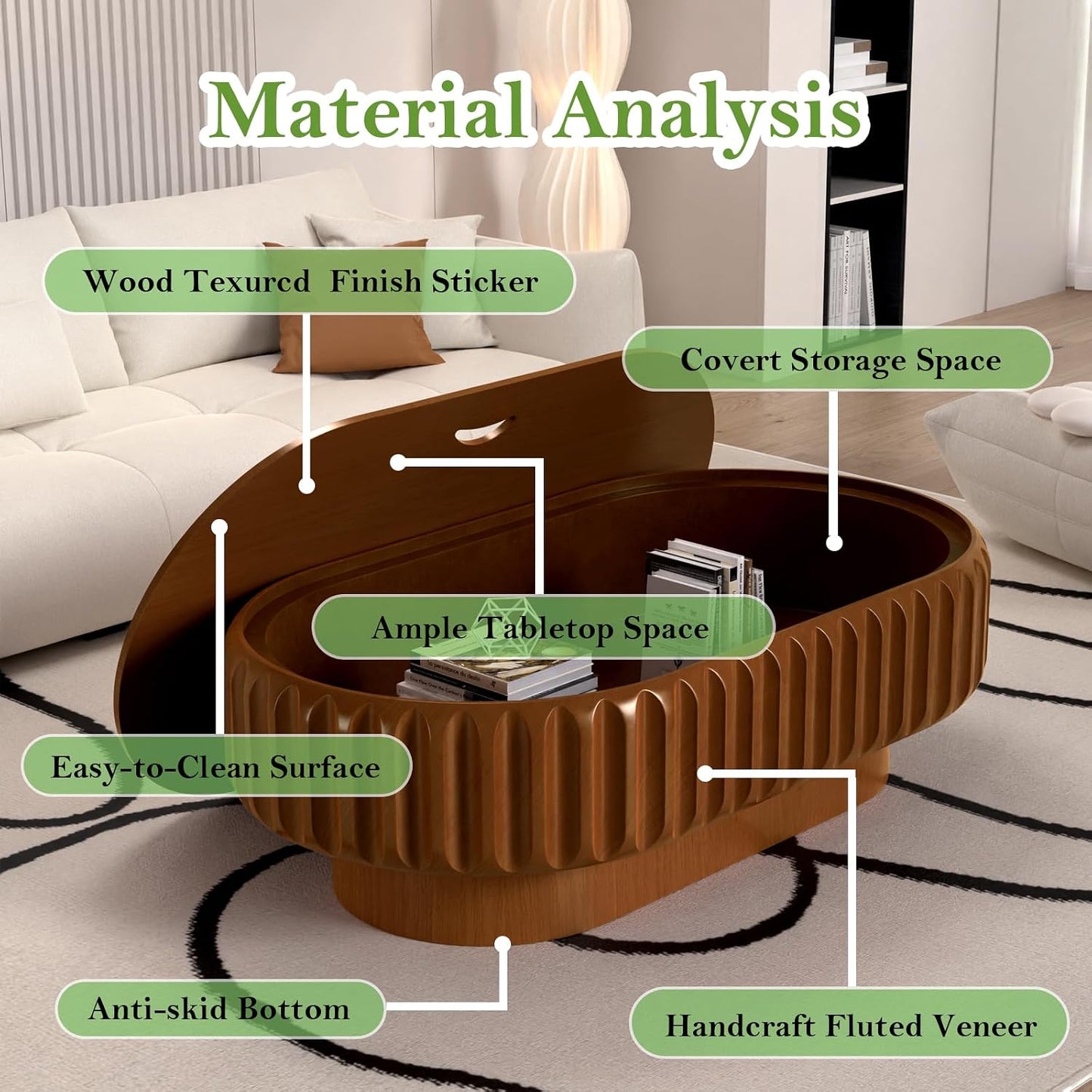 43.3" Oval Drum Coffee Table with Storage (C 43.3in) | Rustic Chic Fluted Center Table - Handcraft Solid Wood Veneer Edge for Living Room Farmhouse