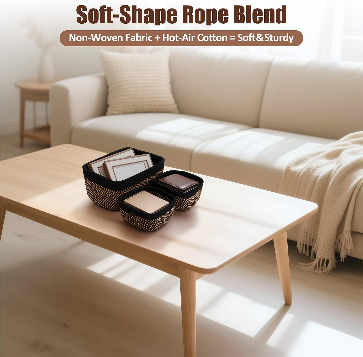 5-Pack Small Woven Rope Storage Baskets, 2 Sizes Organizer Bins | Fabric Cube Boxes and Rectangular Shallow Bins for Closet, Shelf, Bookshelf, Nursery, Changing Table, Bathroom, Toys & Home