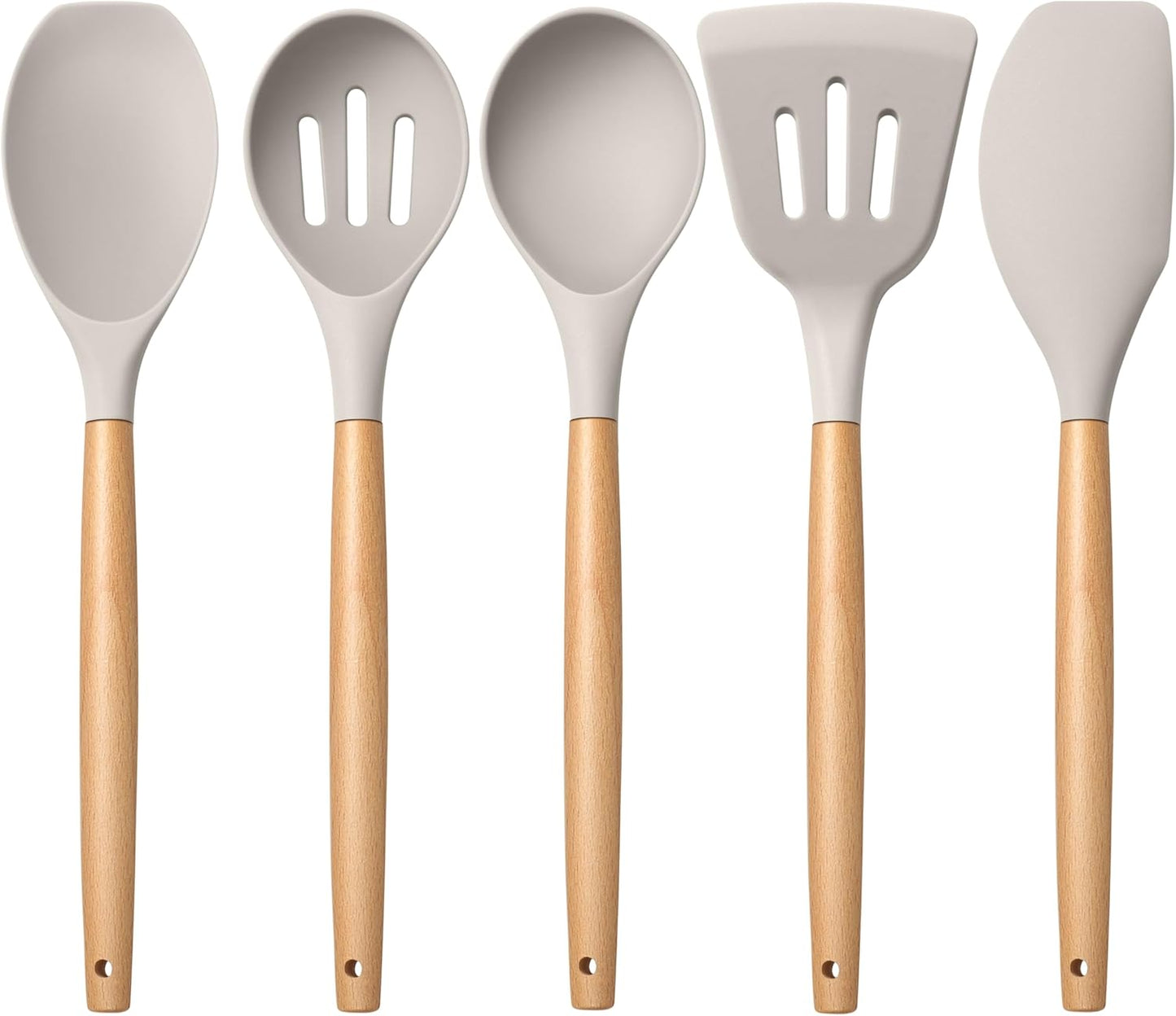 E-far Silicone Cooking Utensils Set, 5-Piece Kitchen Utensils Set with Wooden Handle for Cooking, Silicone Kitchen Nonstick Tools Spatula Turner Slotted Spoons, Nontoxic & Heat Resistant-Colorful