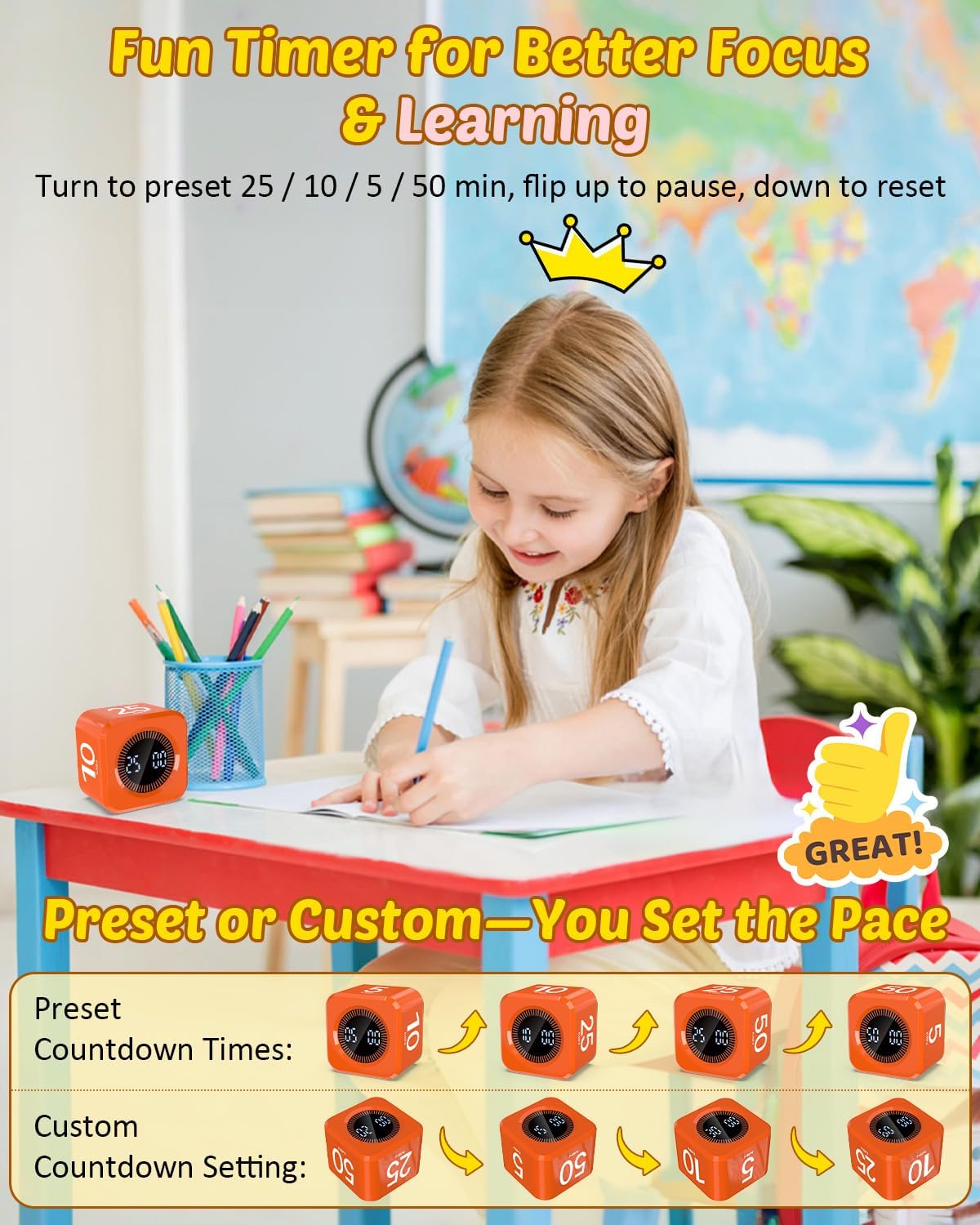 Digital Pomodoro Timer Cube 5/10/25/50min Preset, Silent & Sound Alarm