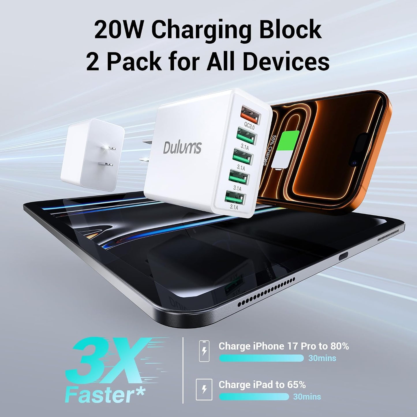 50W USB Wall Charger Block, 2Pack 5-Port Charger Fast Charging Block QC 3.0 Multiport Type C Box Brick Cube USB A Wall Plug for iPhone 16/15/14 Pro Max Plus, iPad,Galaxy, LG, Moto, Android Phones