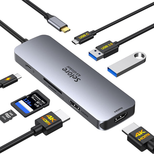 USB C Docking Station Dual HDMI Monitor, USB C to Dual HDMI Adapter with 2HDMI Ports, PD Charging, SD/microSD, USB A&C 3.0 Ports, Laptop Docking Station for Dell XPS/HP/Lenovo/Surface/Yoga etc