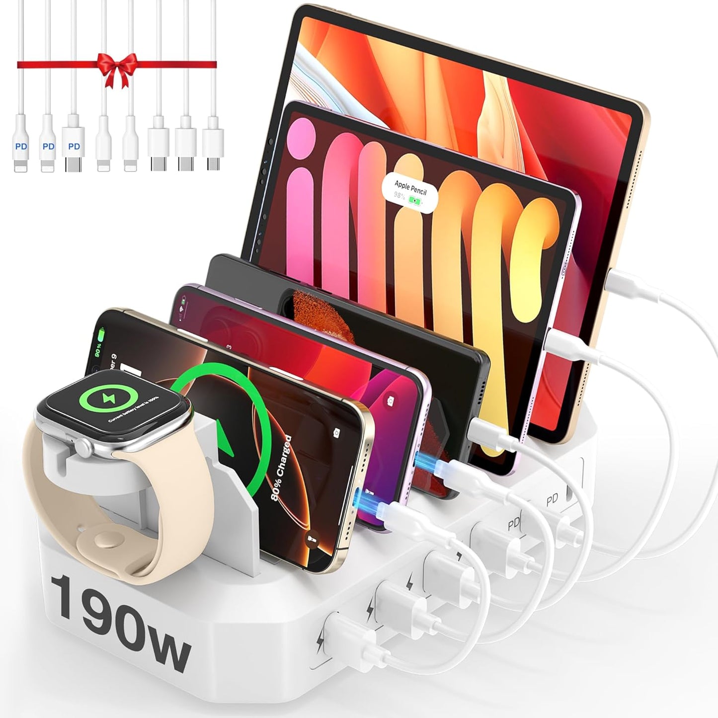 190W Fast Charging Station for Multiple Devices【Efficient & Safe Charging】 6 Port USB Charger Station - Family Multi-Device Organizer Charging Dock Compatible with iPhone/Android/MacBook/iPad/Tablet