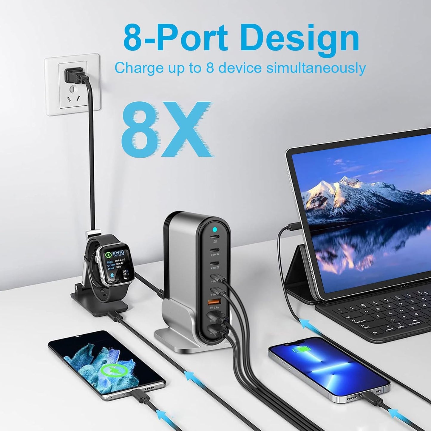 USB C Fast Charger - 285W GaN 8 Port Fast Charging Station Tower Hub for Multiple Devices: Type C Fast Charger Block for MacBook iPad iPhone 17/16/15/14/13 Pro Max Samsung Galaxy, Google Pixel & More