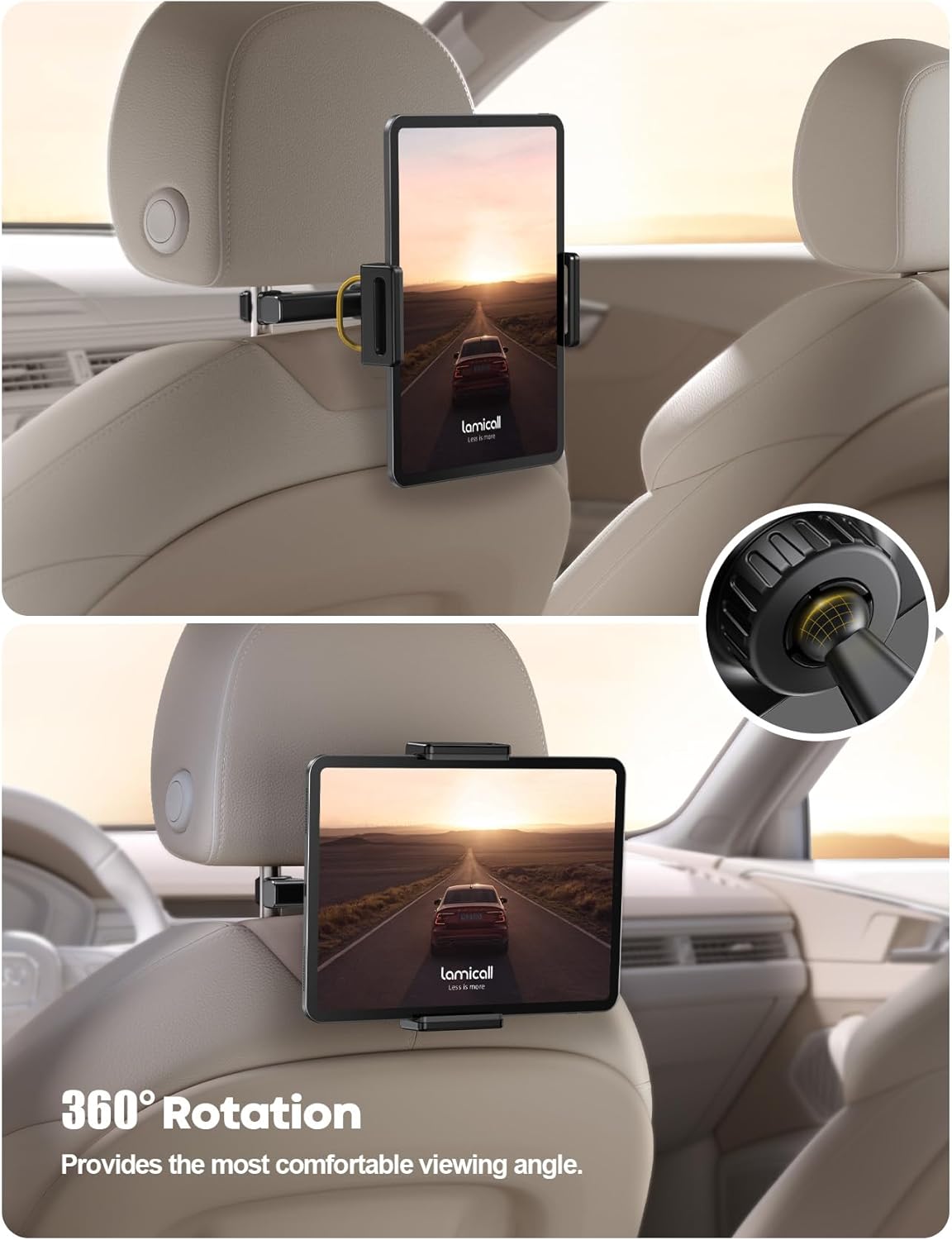 Lamicall Car Tablet Headrest Holder - Car Back Seat Headrest Tablet Mount Stand for Kids, Road Trip Essentials Accessories Gifts, for 2025 iPad Pro 11/13" Air Mini, iPhone, Galaxy Tab, 4.7-13" Devices