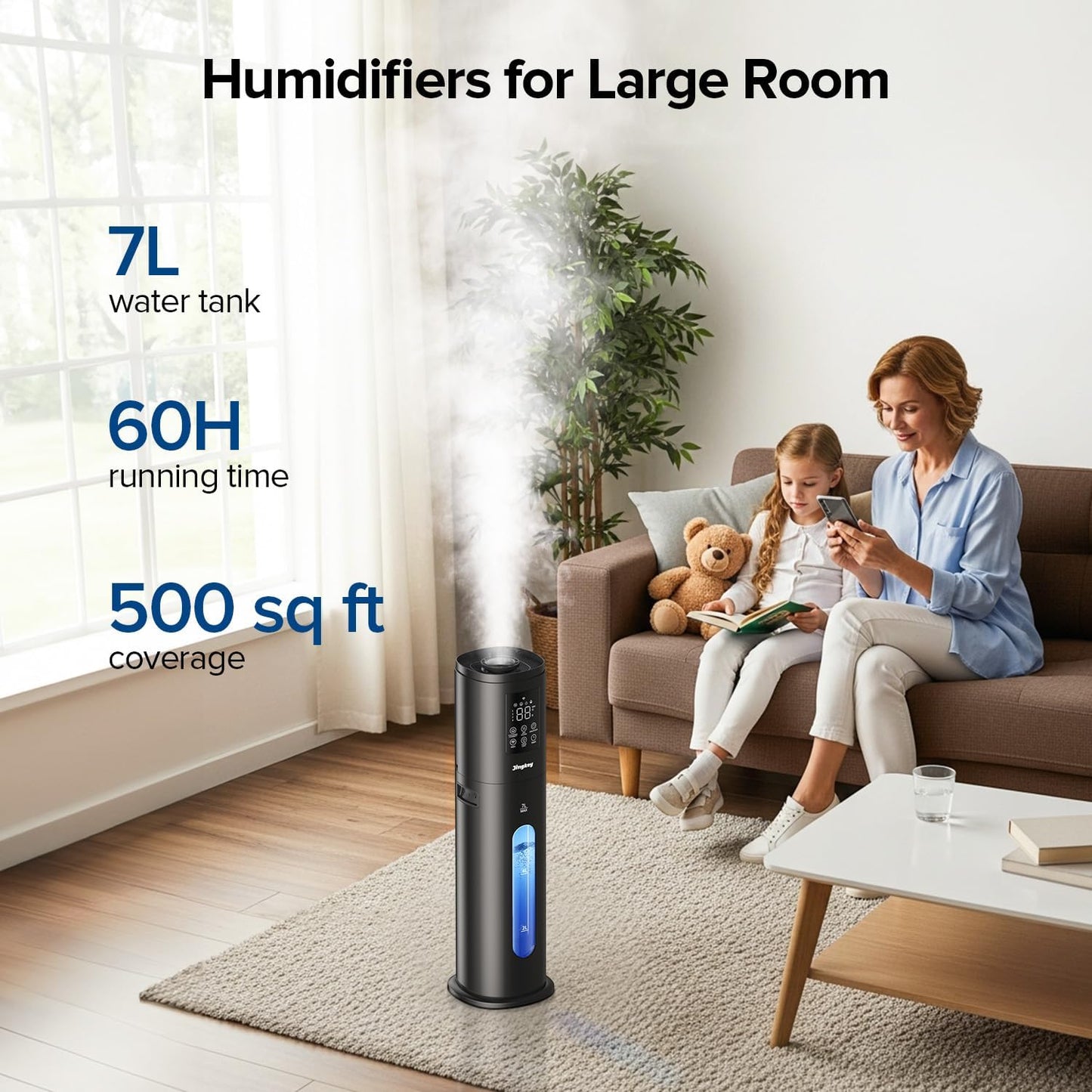 Humidifiers for Bedroom Large Room with 7L/1.85Gal Large Humidifier, 24H Timer Smart App & Remote Control, 4 Mist Levels Room Humidifier for Bedroom Crow