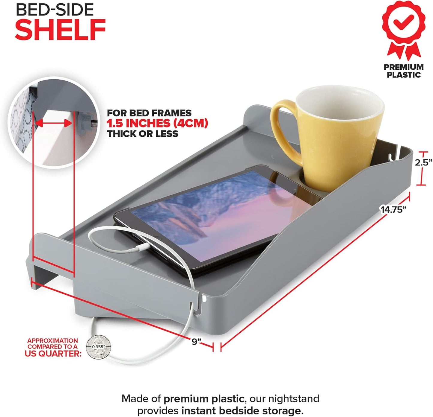 Modern Innovations Bedside Shelf for Bed, College Dorm Room, Bunk Bed Shelf for Top Bunk, Clip On Nightstand Tray with Cord and Cup Holder, Bunkbed Caddy for Table Storage (Dark Gray)